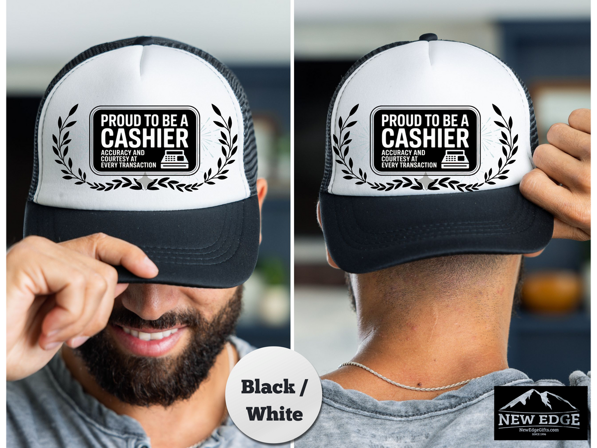 Cashier Trucker Hat – Proud to Be a Cashier, Accuracy & Courtesy at Every Transaction – Retail Work Mesh Cap Gift