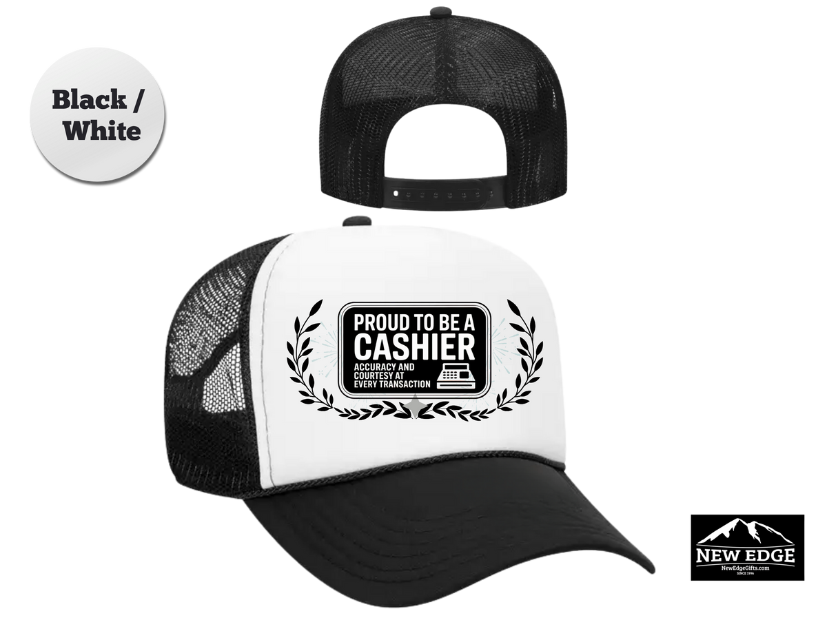 Cashier Trucker Hat – Proud to Be a Cashier, Accuracy & Courtesy at Every Transaction – Retail Work Mesh Cap Gift