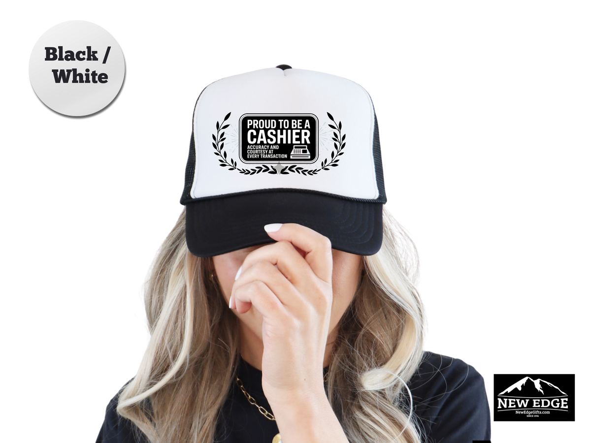 Cashier Trucker Hat – Proud to Be a Cashier, Accuracy & Courtesy at Every Transaction – Retail Work Mesh Cap Gift