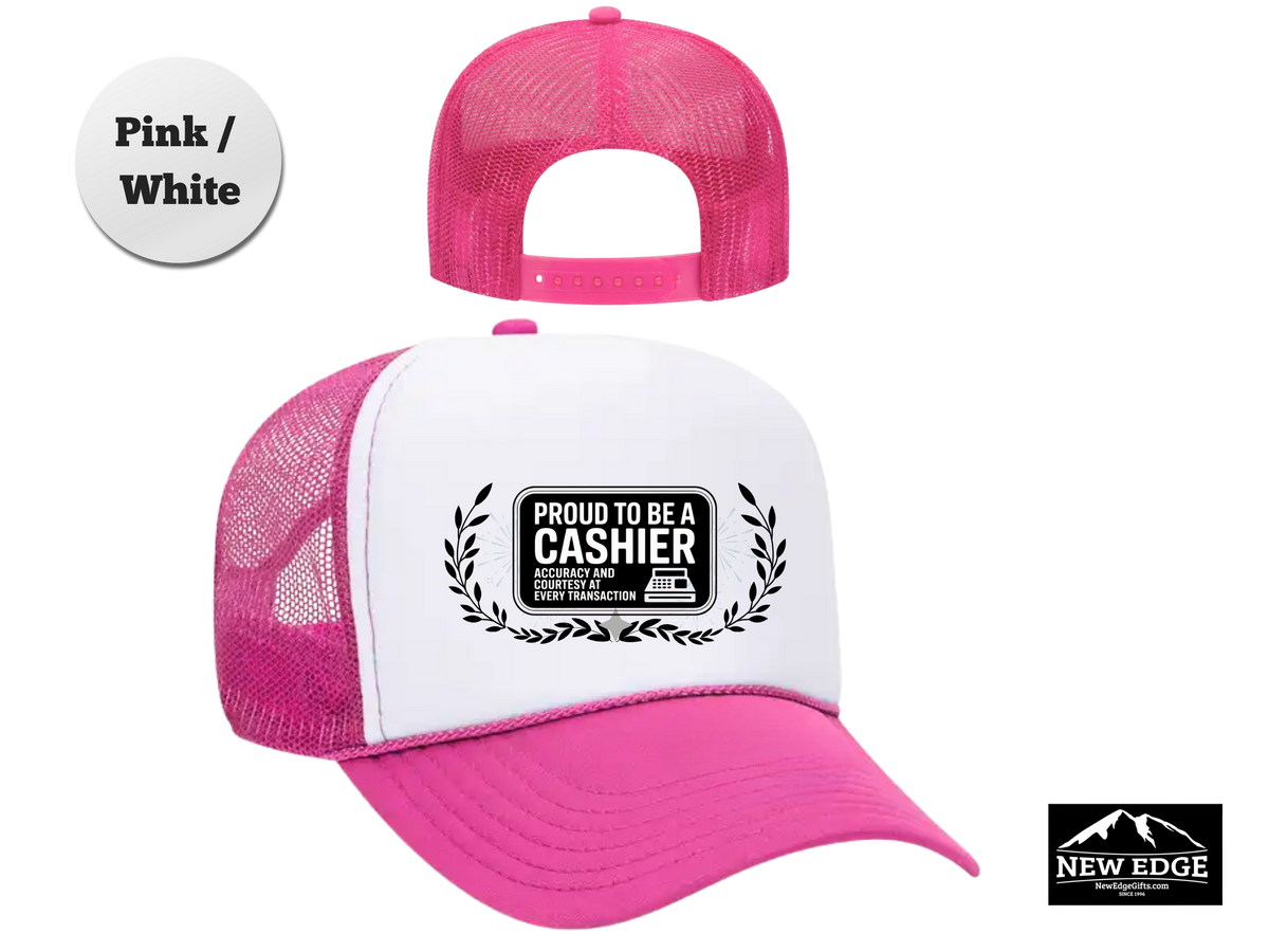 Cashier Trucker Hat – Proud to Be a Cashier, Accuracy & Courtesy at Every Transaction – Retail Work Mesh Cap Gift
