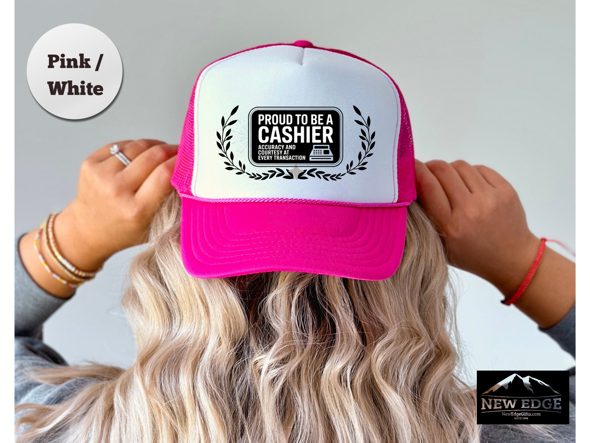 Cashier Trucker Hat – Proud to Be a Cashier, Accuracy & Courtesy at Every Transaction – Retail Work Mesh Cap Gift