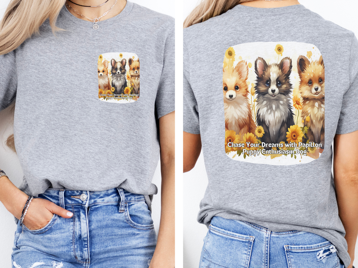 Papillon Sunflower T-Shirt – 'Chase Your Dreams with Papillon Puppy Enthusiasm' – Front & Back Design – Petite & Playful Dog Lover Tee
