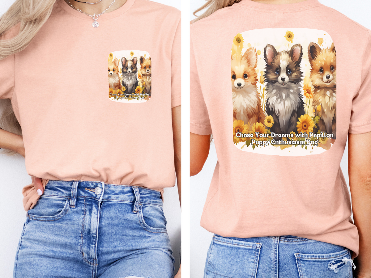 Papillon Sunflower T-Shirt – 'Chase Your Dreams with Papillon Puppy Enthusiasm' – Front & Back Design – Petite & Playful Dog Lover Tee