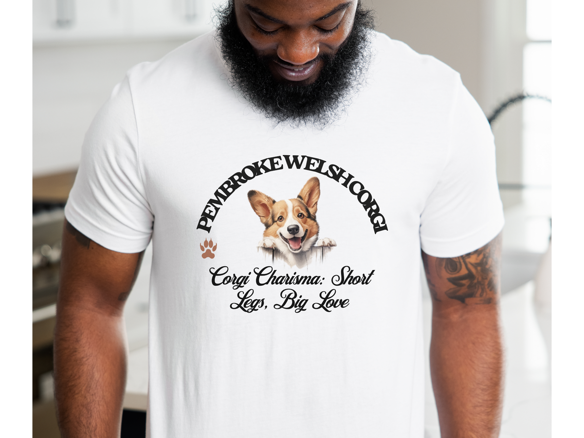 Pembroke Welsh Corgi T-Shirt – Unisex Tee with “Corgi Charisma, Short Legs, Big Love” Slogan | Cute Dog Lover Gift