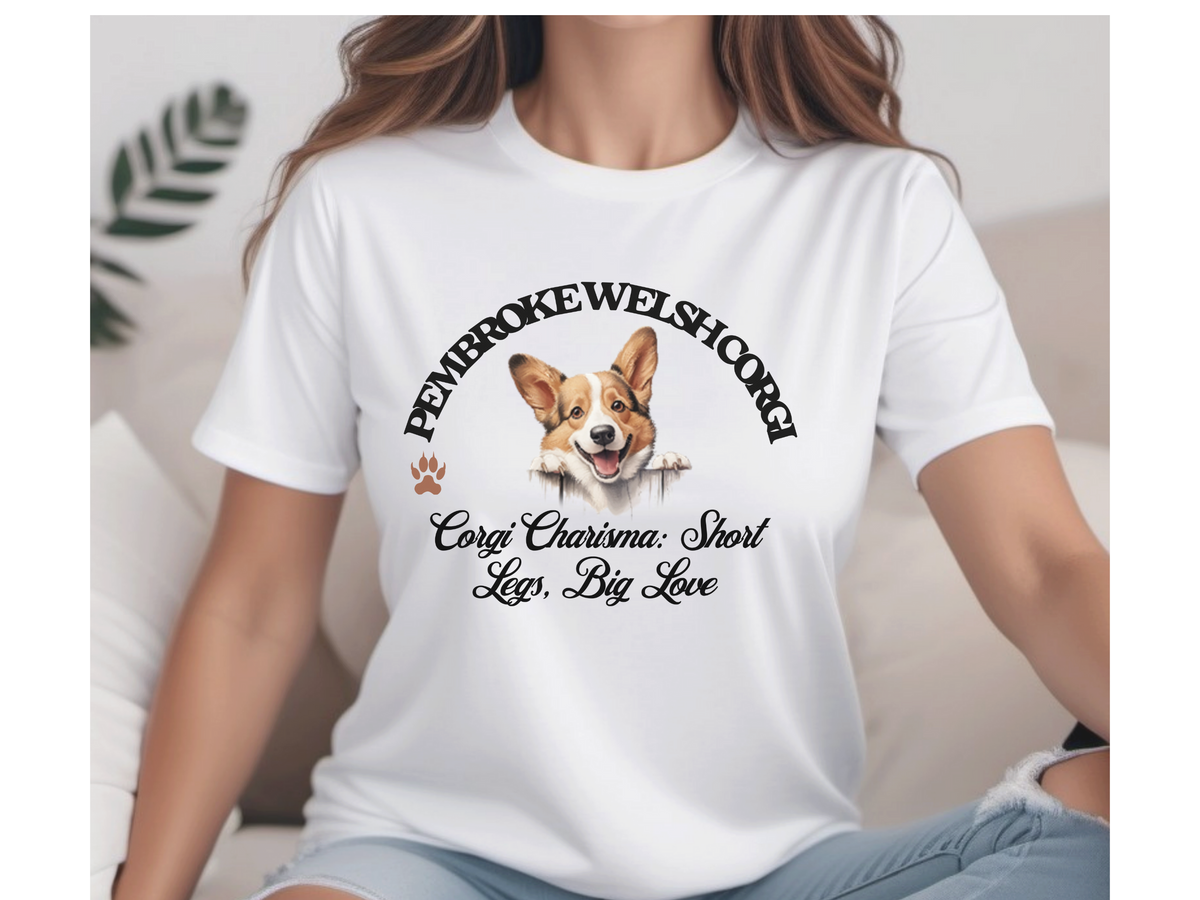 Pembroke Welsh Corgi T-Shirt – Unisex Tee with “Corgi Charisma, Short Legs, Big Love” Slogan | Cute Dog Lover Gift