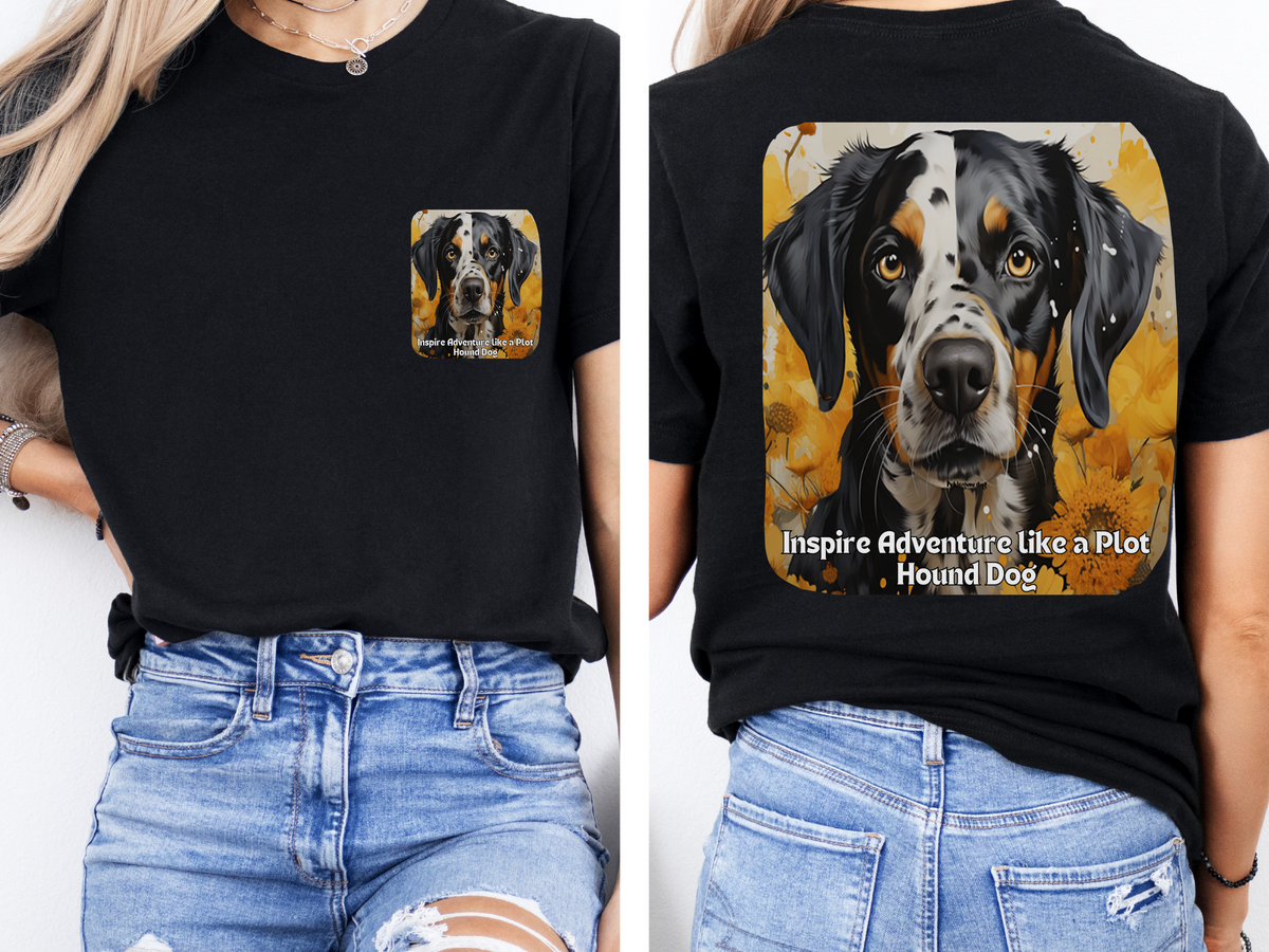 Plott Hound Sunflower Tee – 'Inspire Adventure' Front & Back Design