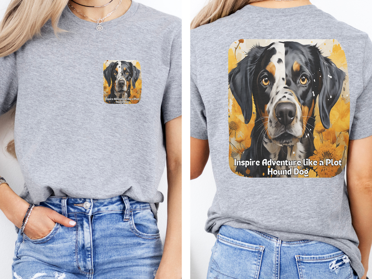 Plott Hound Sunflower Tee – 'Inspire Adventure' Front & Back Design