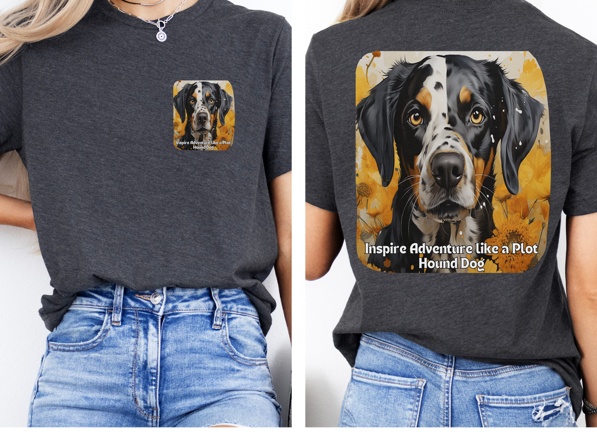 Plott Hound Sunflower Tee – 'Inspire Adventure' Front & Back Design