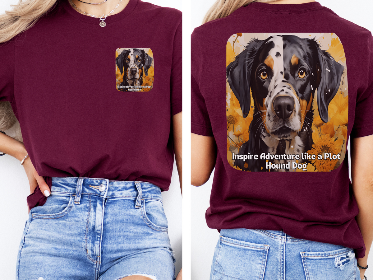 Plott Hound Sunflower Tee – 'Inspire Adventure' Front & Back Design