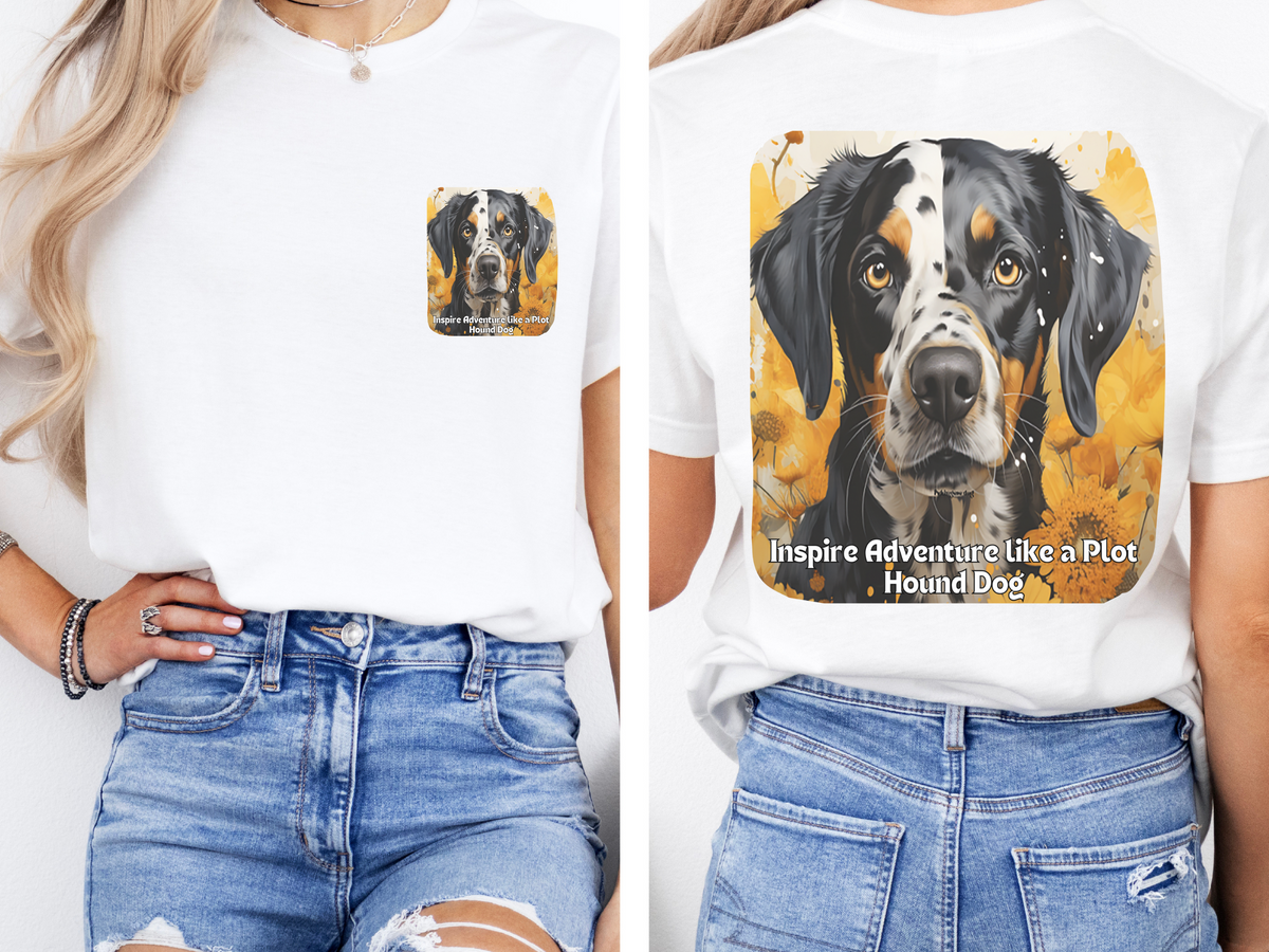 Plott Hound Sunflower Tee – 'Inspire Adventure' Front & Back Design