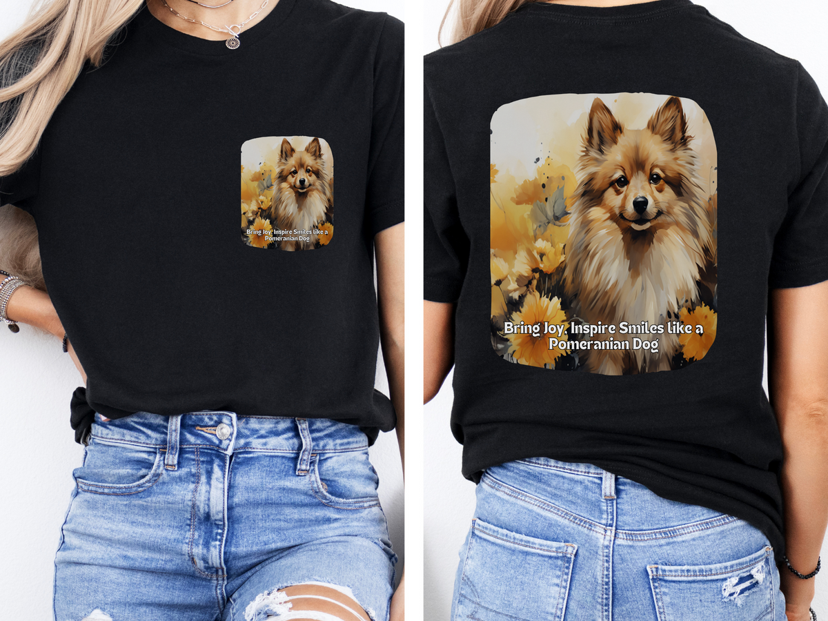 Pomeranian Sunflower T-Shirt – 'Bring Joy, Inspire Smiles' Front & Back Design – Fluffy Dog Lover Tee