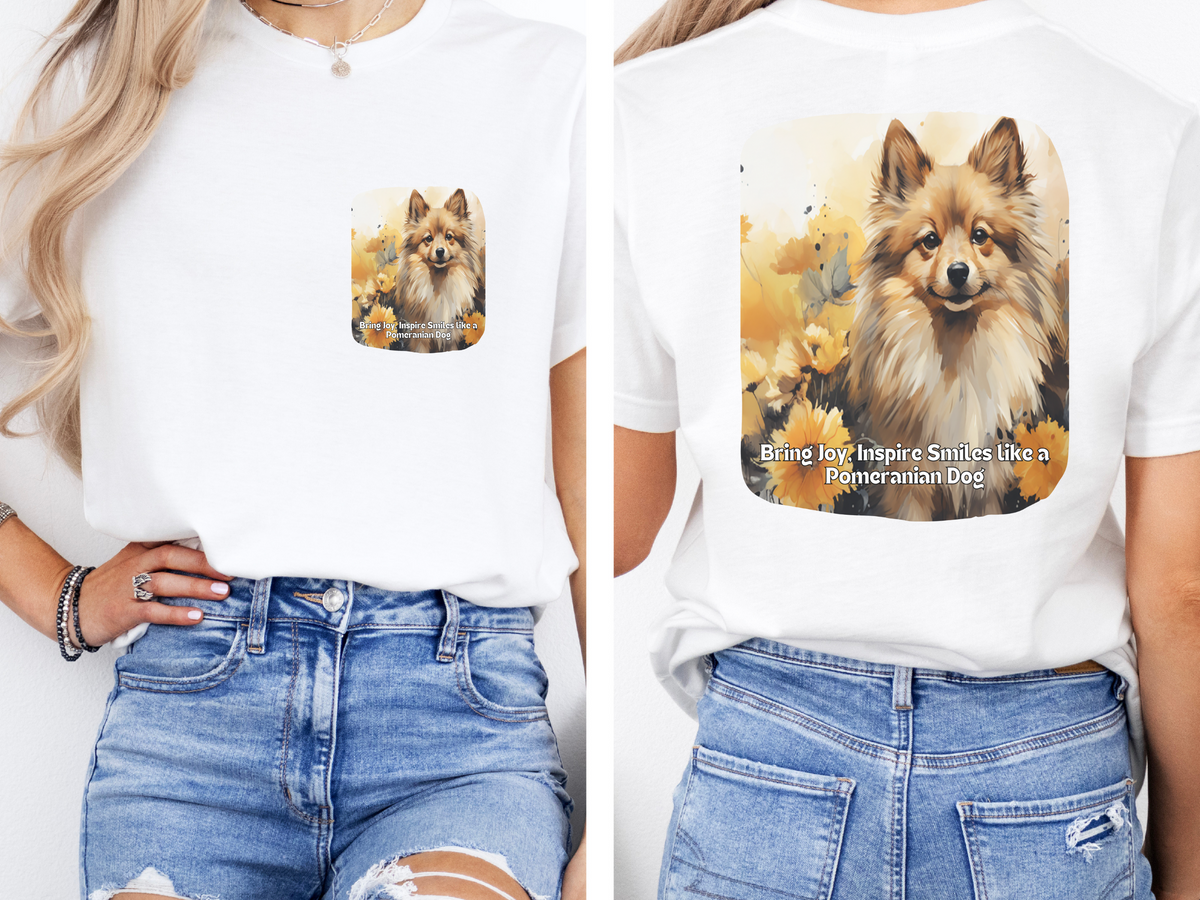 Pomeranian Sunflower T-Shirt – 'Bring Joy, Inspire Smiles' Front & Back Design – Fluffy Dog Lover Tee
