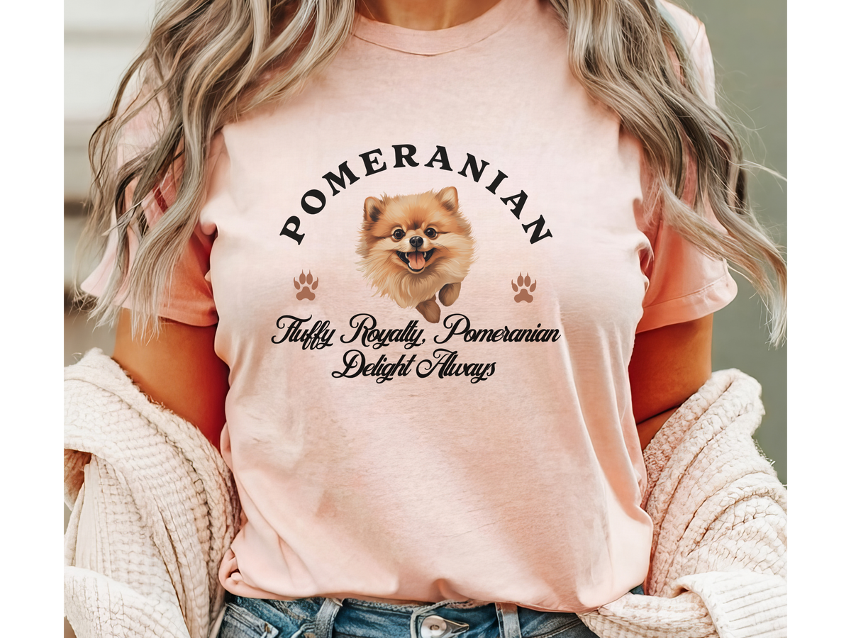 Pomeranian T-Shirt – Unisex Tee with “Fluffy Royalty, Pomeranian Delight Always” Slogan | Cute Small Dog Lover Gift