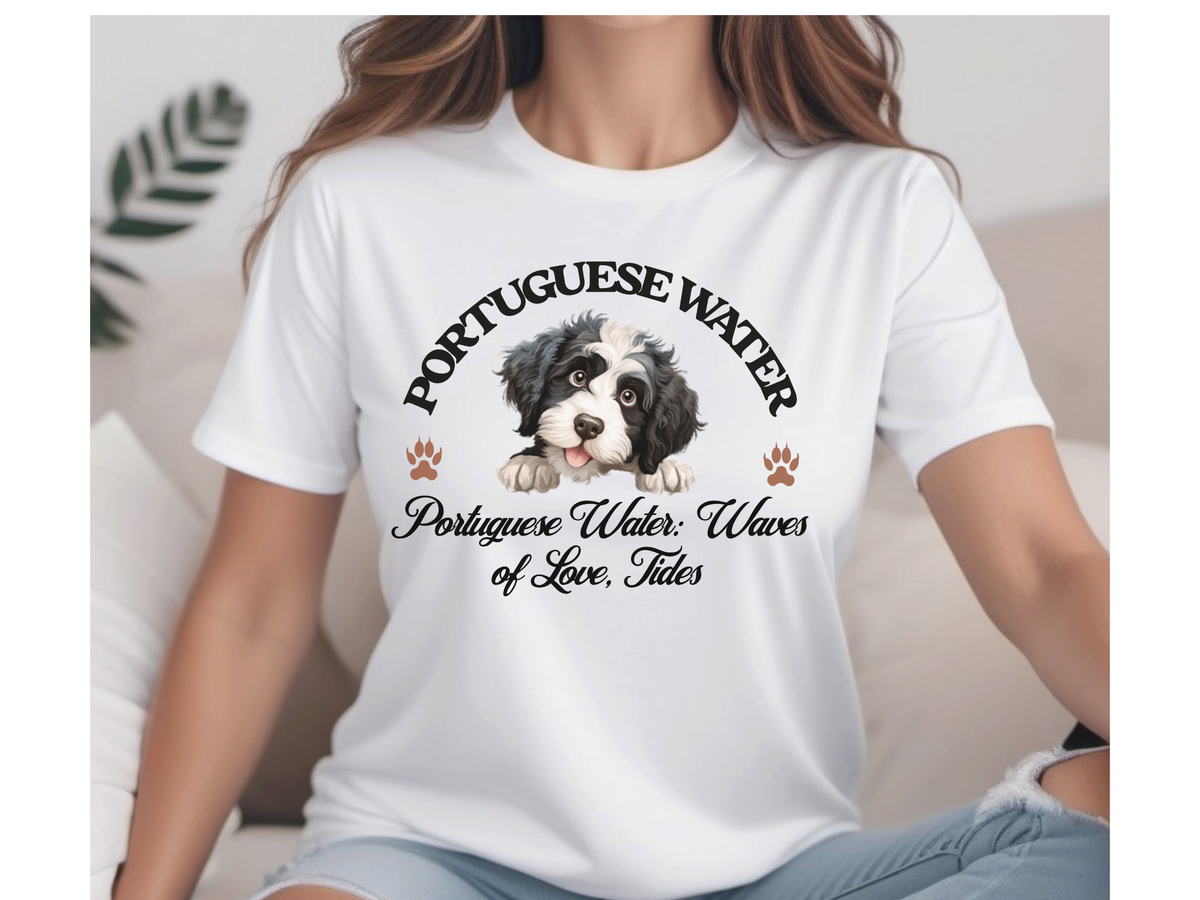 Portuguese Water Dog T-Shirt – Unisex Tee with “Waves of Love, Tides of Joy” Slogan | Water Dog Lover Gift