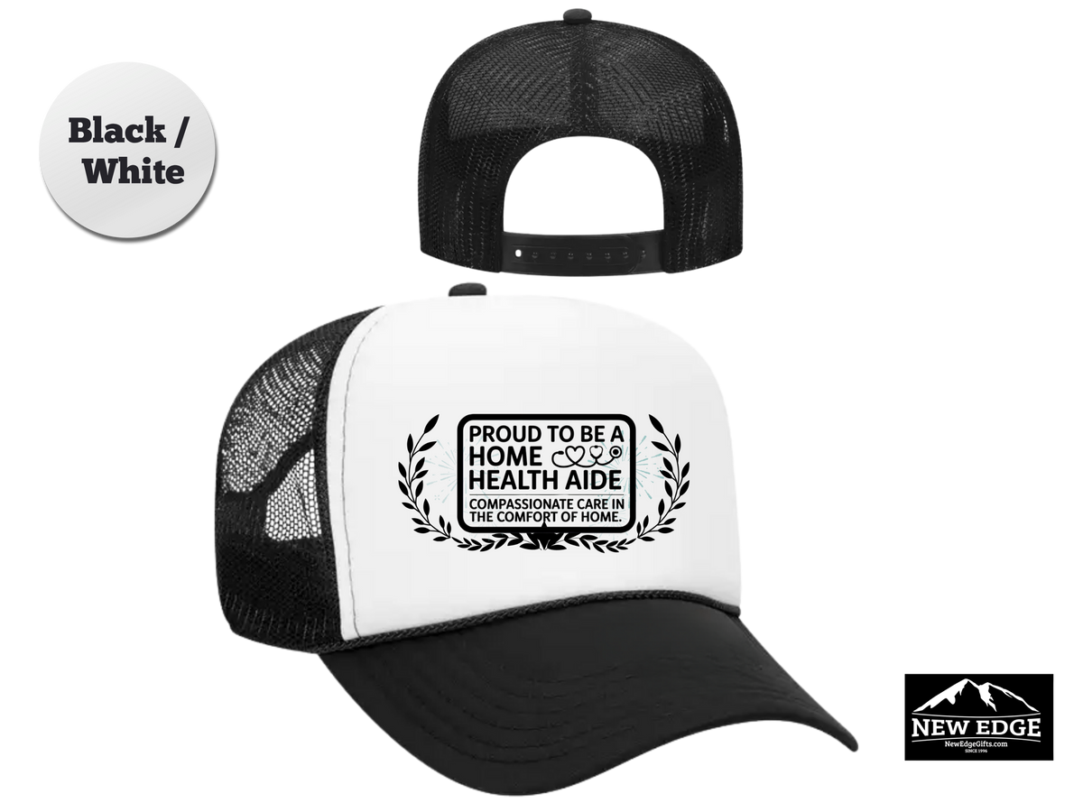 Home Health Aide Trucker Hat – Proud to Be a Home Health Aide, Compassionate Care in the Comfort of Home – Healthcare Worker Mesh Cap Gift