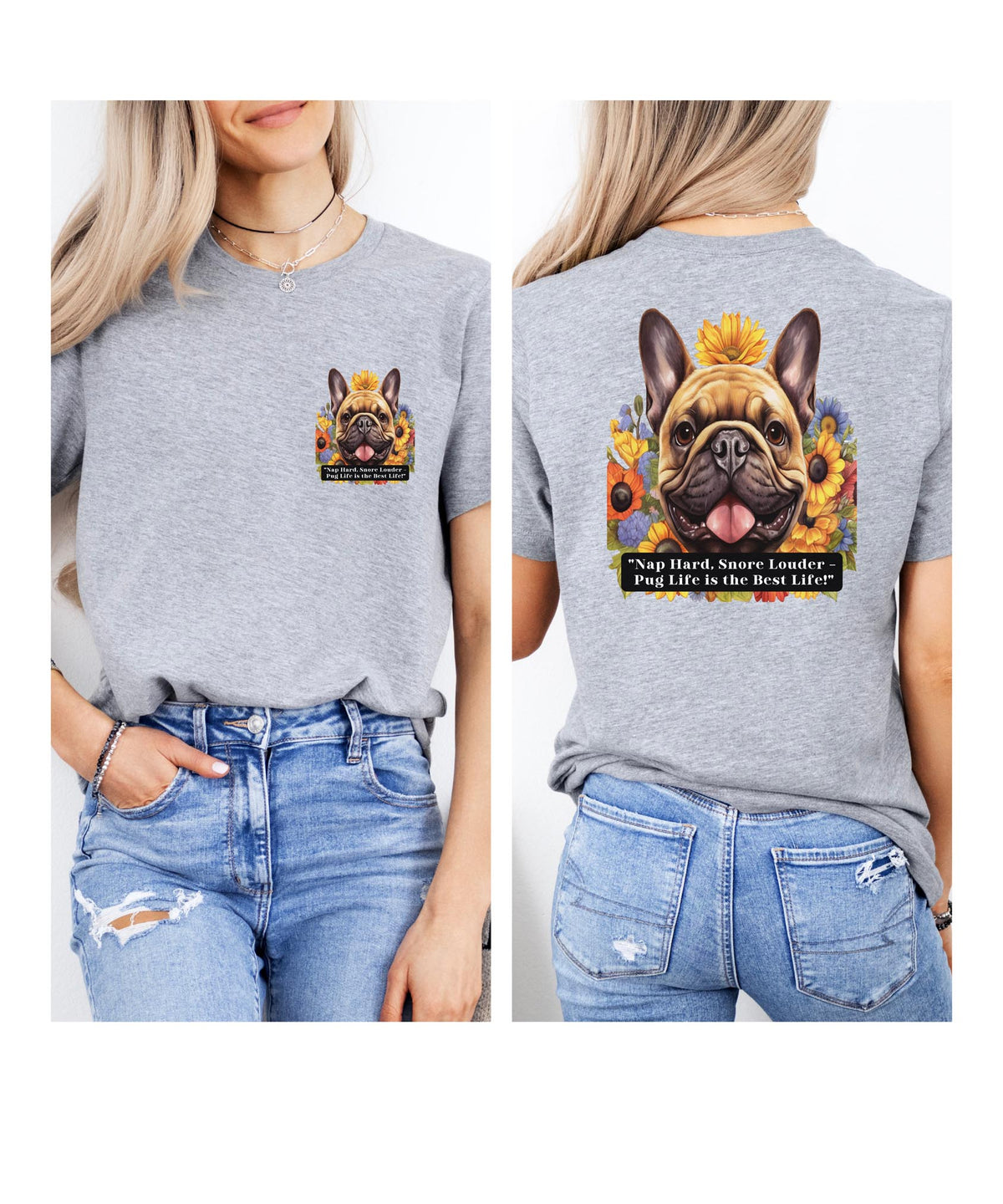 Pug Life Sunflower T-Shirt – 'Nap Hard, Snore Louder' – Unisex Cozy Pug Lover T-Shirt