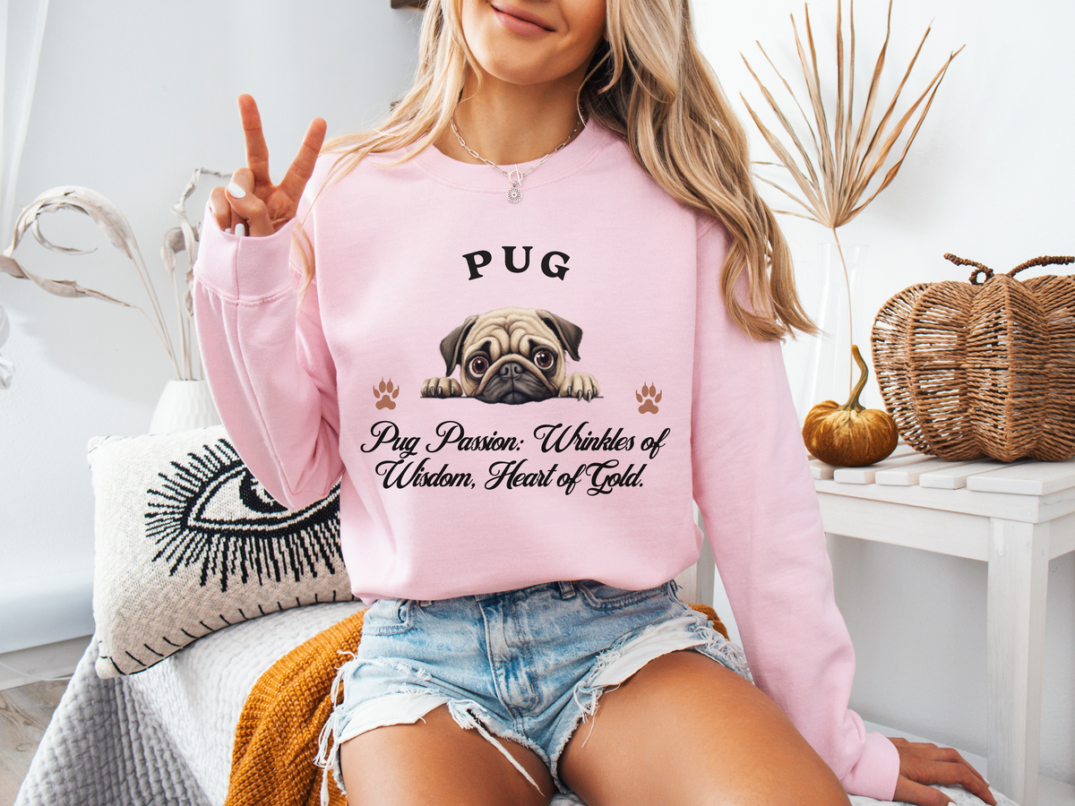 Pug Sweatshirt – Pug Passion: Wrinkles of Wisdom, Heart of Gold – Unisex Dog Lover Apparel