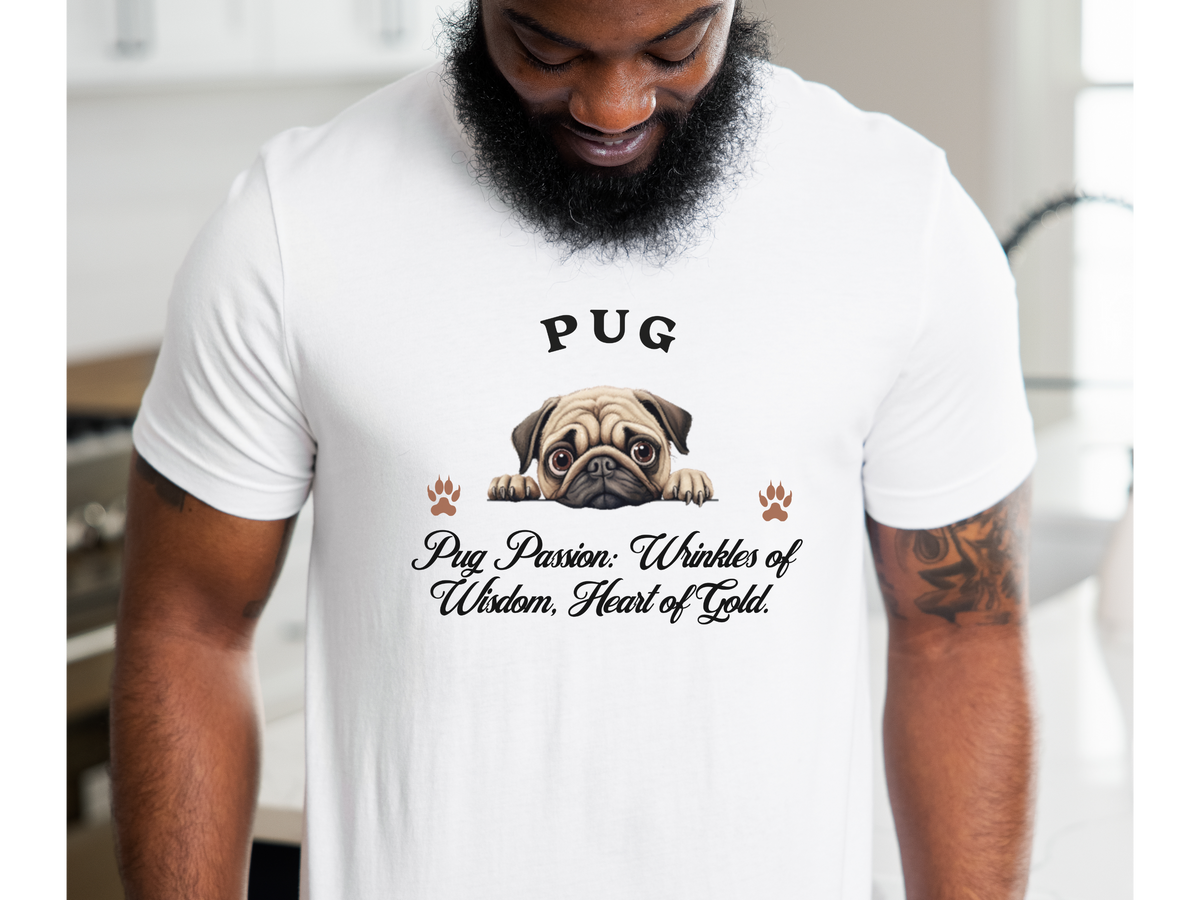 Pug T-Shirt – Unisex Tee with “Wrinkles of Wisdom, Heart of Gold” Slogan | Cute Pug Lover Gift