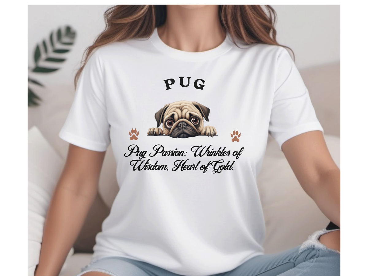 Pug T-Shirt – Unisex Tee with “Wrinkles of Wisdom, Heart of Gold” Slogan | Cute Pug Lover Gift