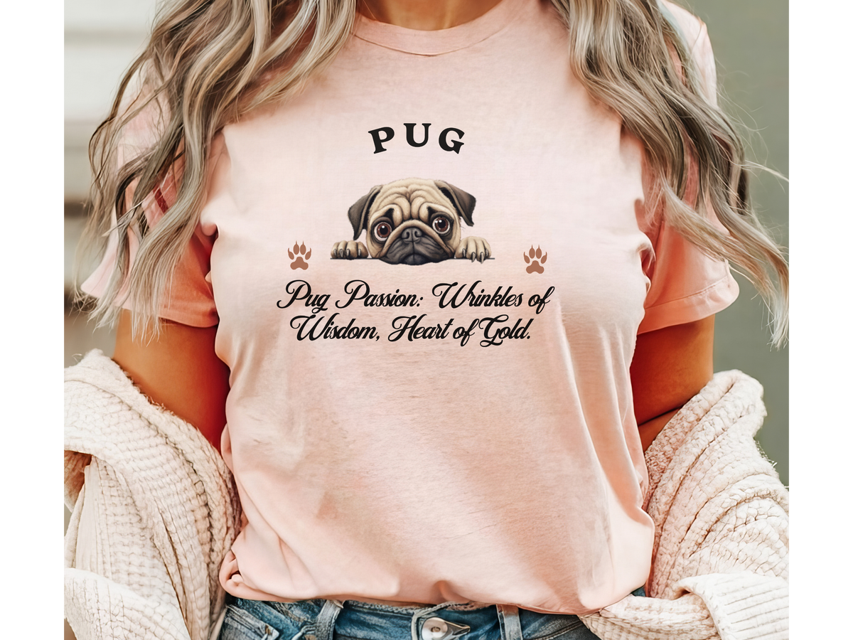 Pug T-Shirt – Unisex Tee with “Wrinkles of Wisdom, Heart of Gold” Slogan | Cute Pug Lover Gift