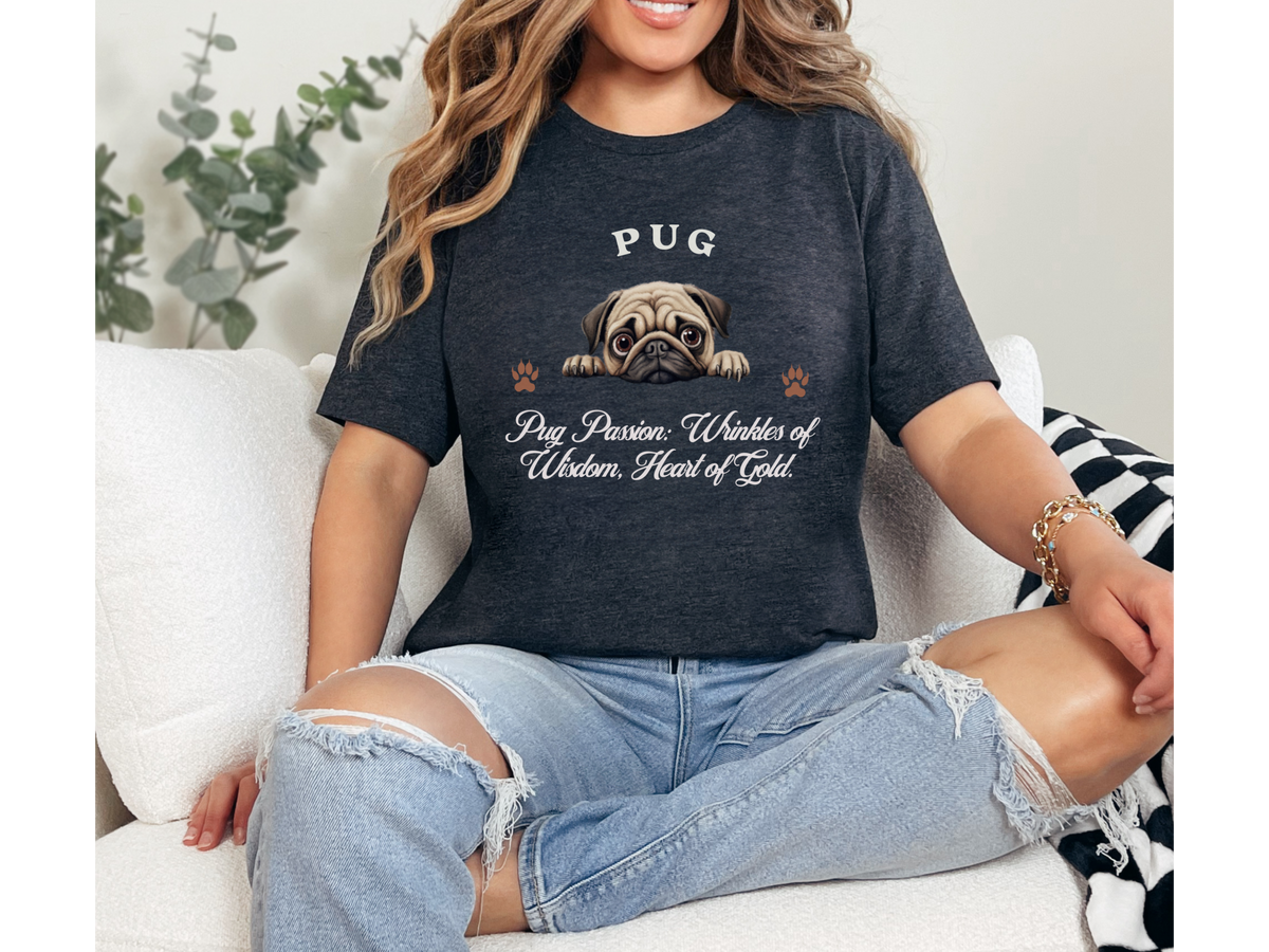Pug T-Shirt – Unisex Tee with “Wrinkles of Wisdom, Heart of Gold” Slogan | Cute Pug Lover Gift