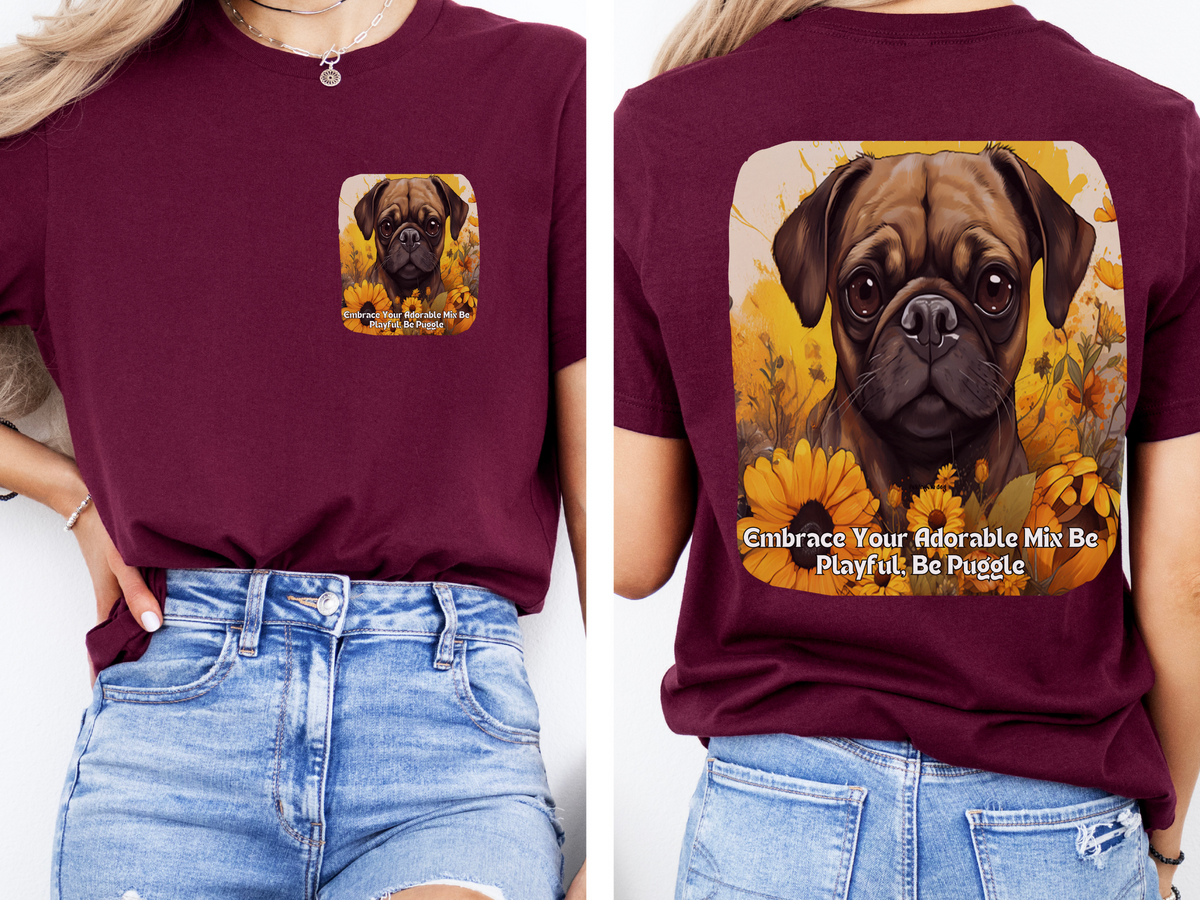 Puggle Sunflower T-Shirt – 'Embrace Your Adorable Mix: Be Playful, Be Puggle' – Front & Back Design – Happy Hybrid Dog Lover Tee
