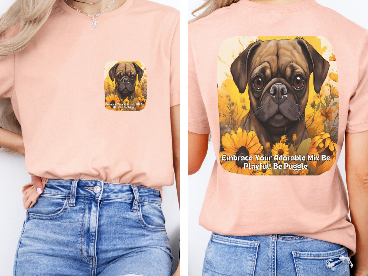 Puggle Sunflower T-Shirt – 'Embrace Your Adorable Mix: Be Playful, Be Puggle' – Front & Back Design – Happy Hybrid Dog Lover Tee