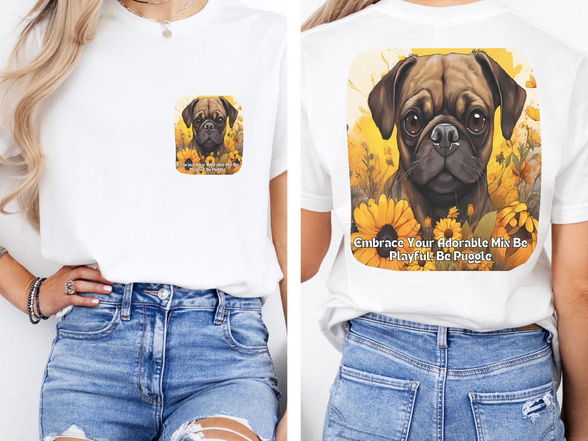 Puggle Sunflower T-Shirt – 'Embrace Your Adorable Mix: Be Playful, Be Puggle' – Front & Back Design – Happy Hybrid Dog Lover Tee