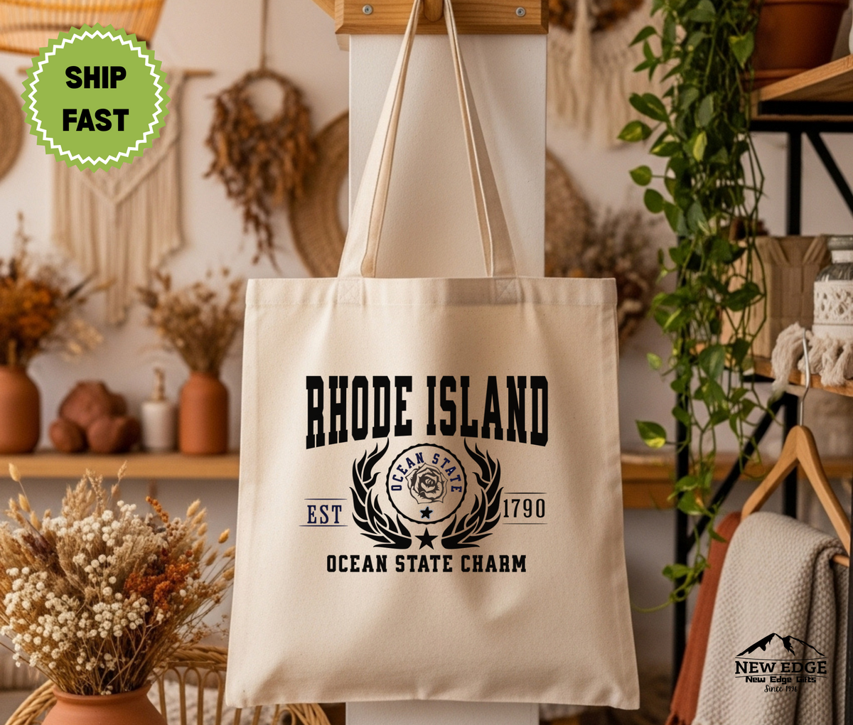 Rhode Island State Ocean State Pride Cotton Canvas Tote Bag – Eco-Friendly Reusable Shopping Tote, Travel Gift & New England State Souvenir