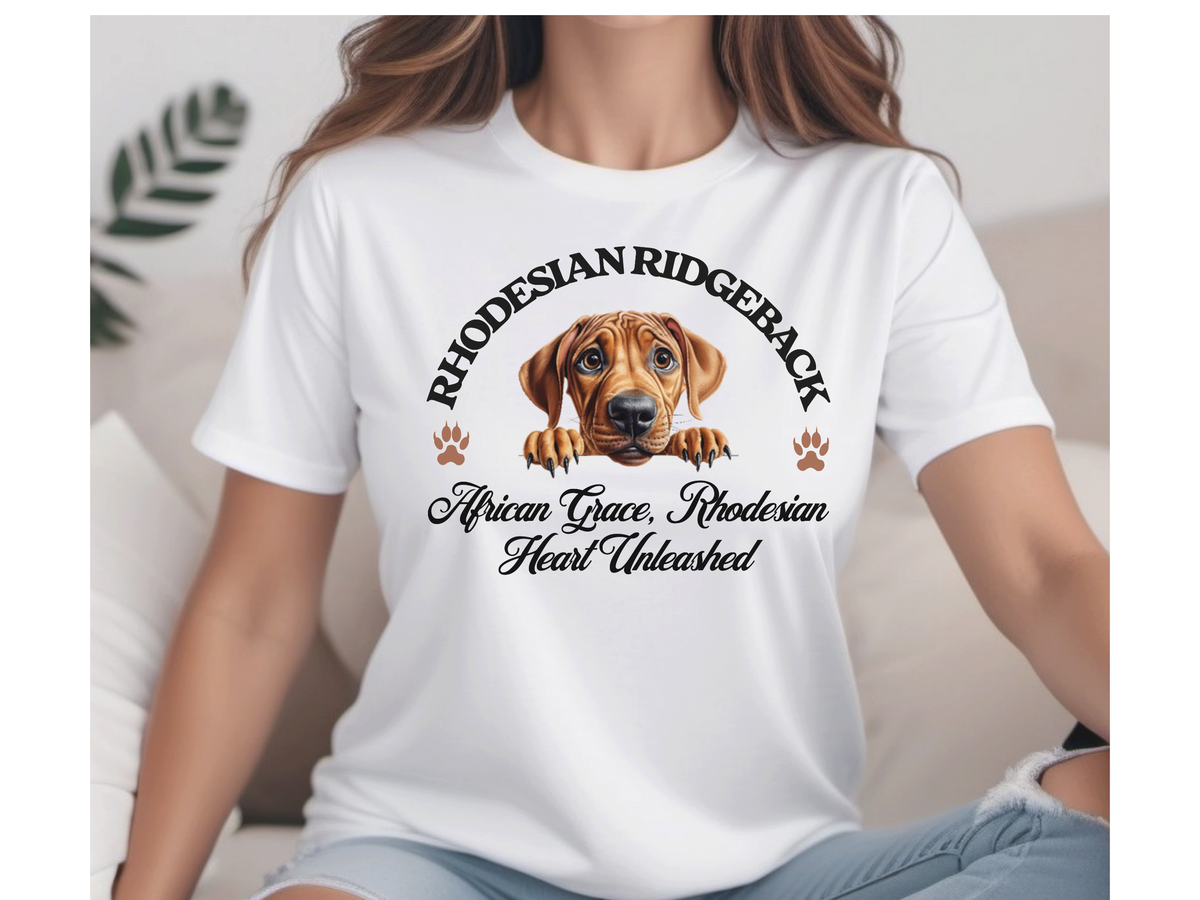 Rhodesian Ridgeback T-Shirt – Unisex Tee with “African Grace, Rhodesian Heart” Slogan | Elegant Dog Lover Gift