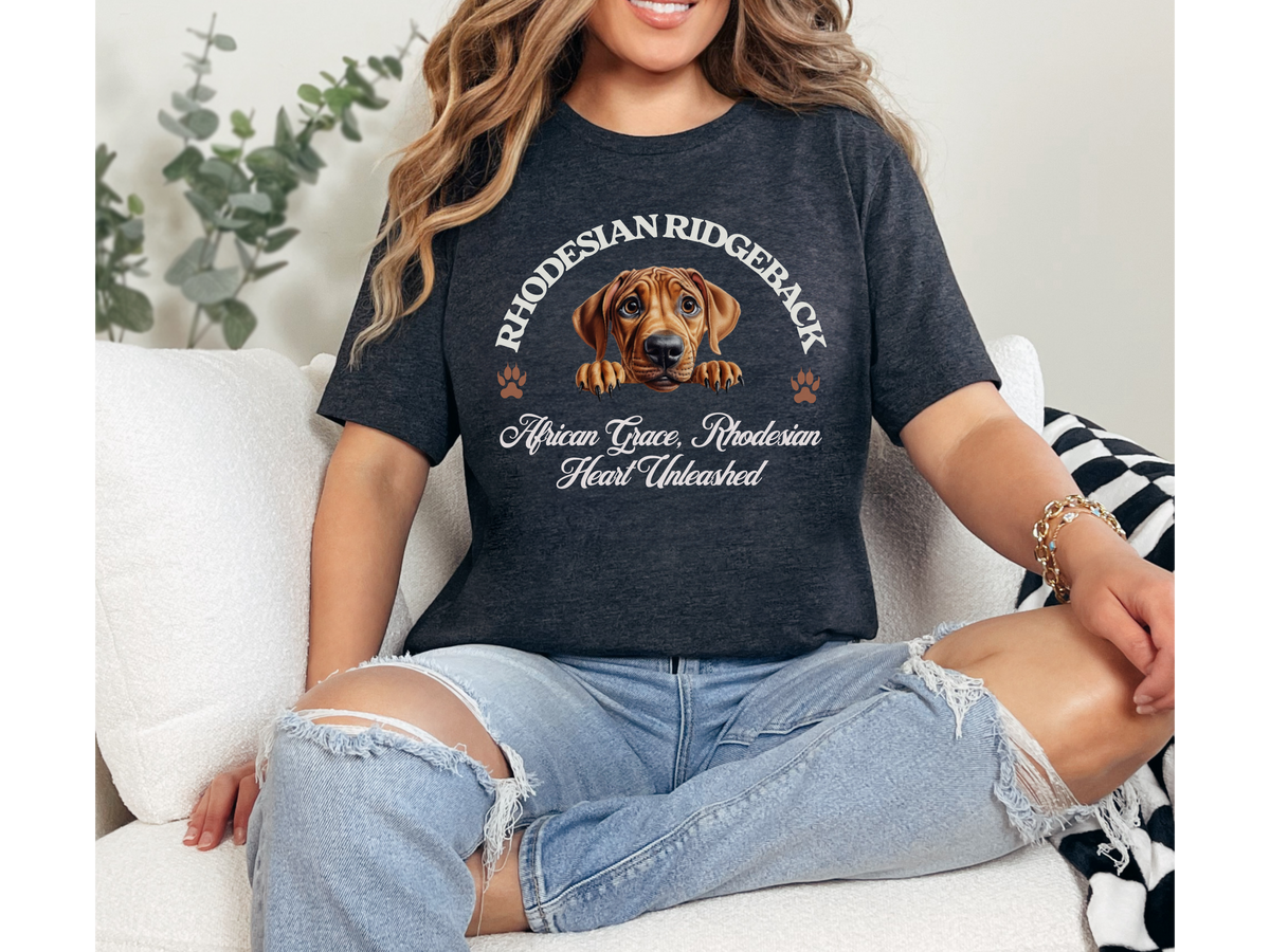 Rhodesian Ridgeback T-Shirt – Unisex Tee with “African Grace, Rhodesian Heart” Slogan | Elegant Dog Lover Gift