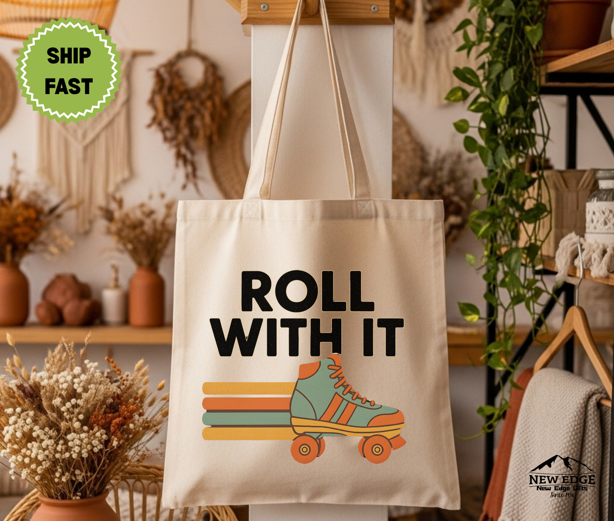 Roll With It 70’s Retro Roller Skating Tote Bag – Vintage Cotton Canvas Bag, Groovy Skater Gift, Retro Aesthetic Reusable Shopper