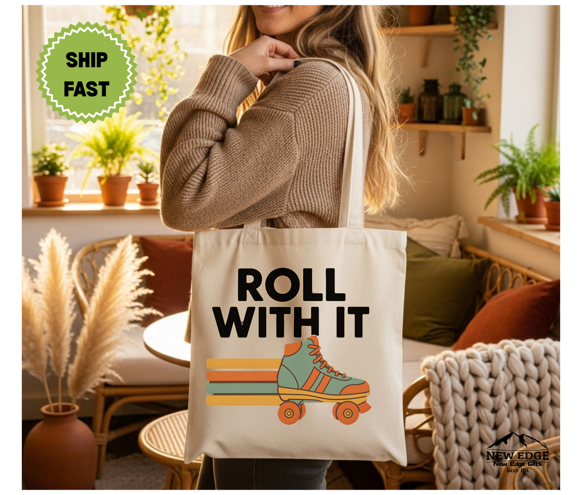 Roll With It 70’s Retro Roller Skating Tote Bag – Vintage Cotton Canvas Bag, Groovy Skater Gift, Retro Aesthetic Reusable Shopper
