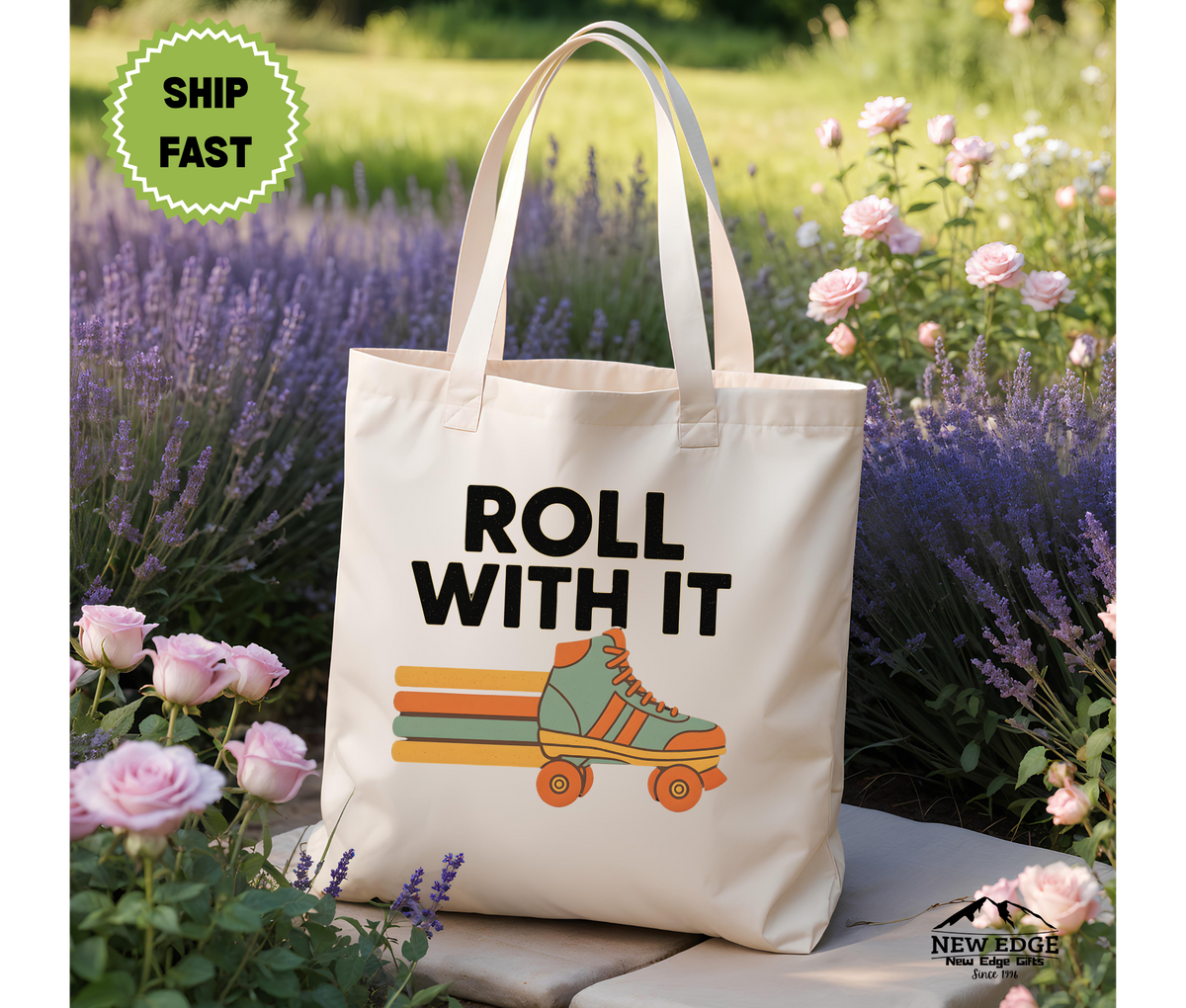 Roll With It 70’s Retro Roller Skating Tote Bag – Vintage Cotton Canvas Bag, Groovy Skater Gift, Retro Aesthetic Reusable Shopper