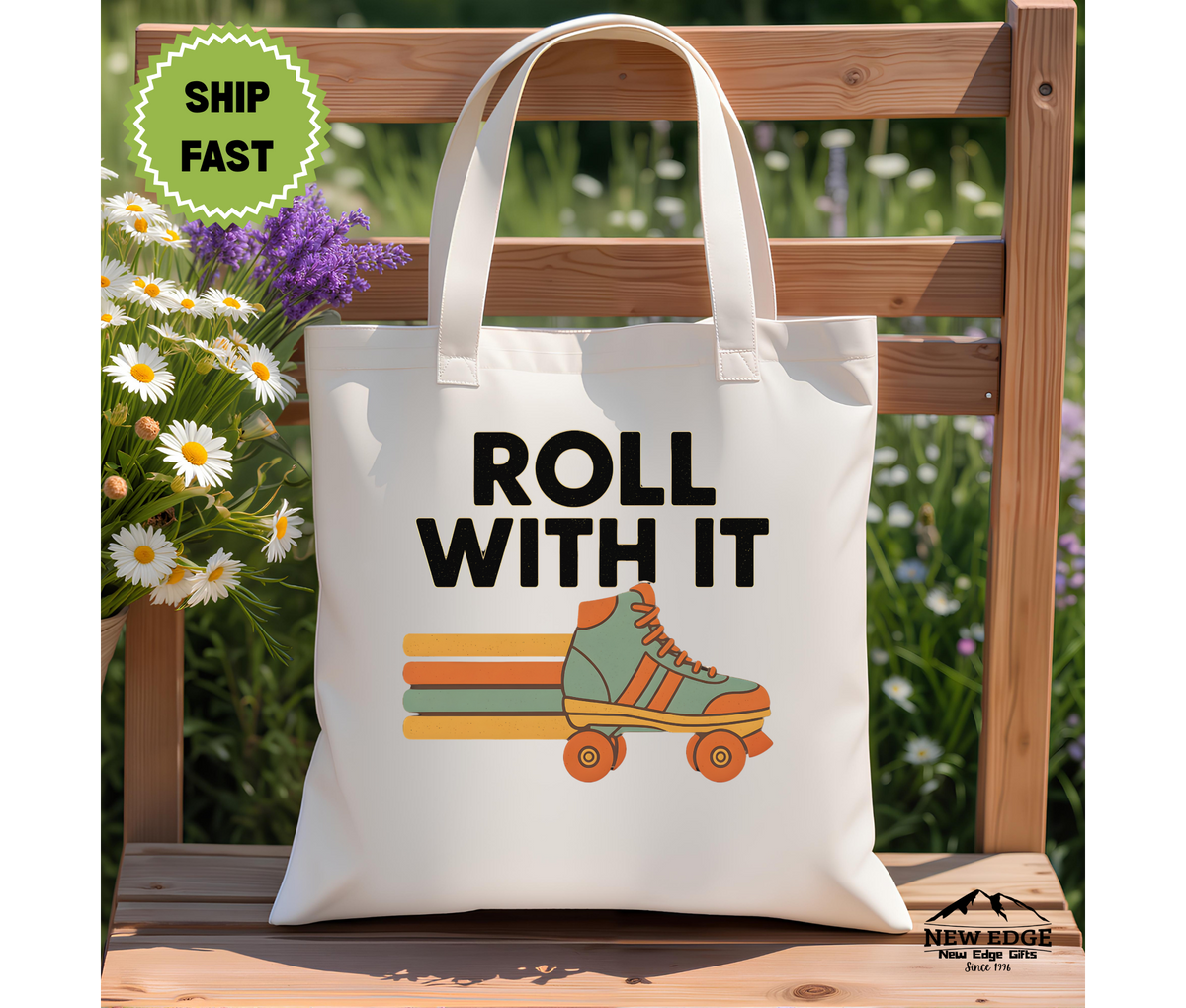 Roll With It 70’s Retro Roller Skating Tote Bag – Vintage Cotton Canvas Bag, Groovy Skater Gift, Retro Aesthetic Reusable Shopper