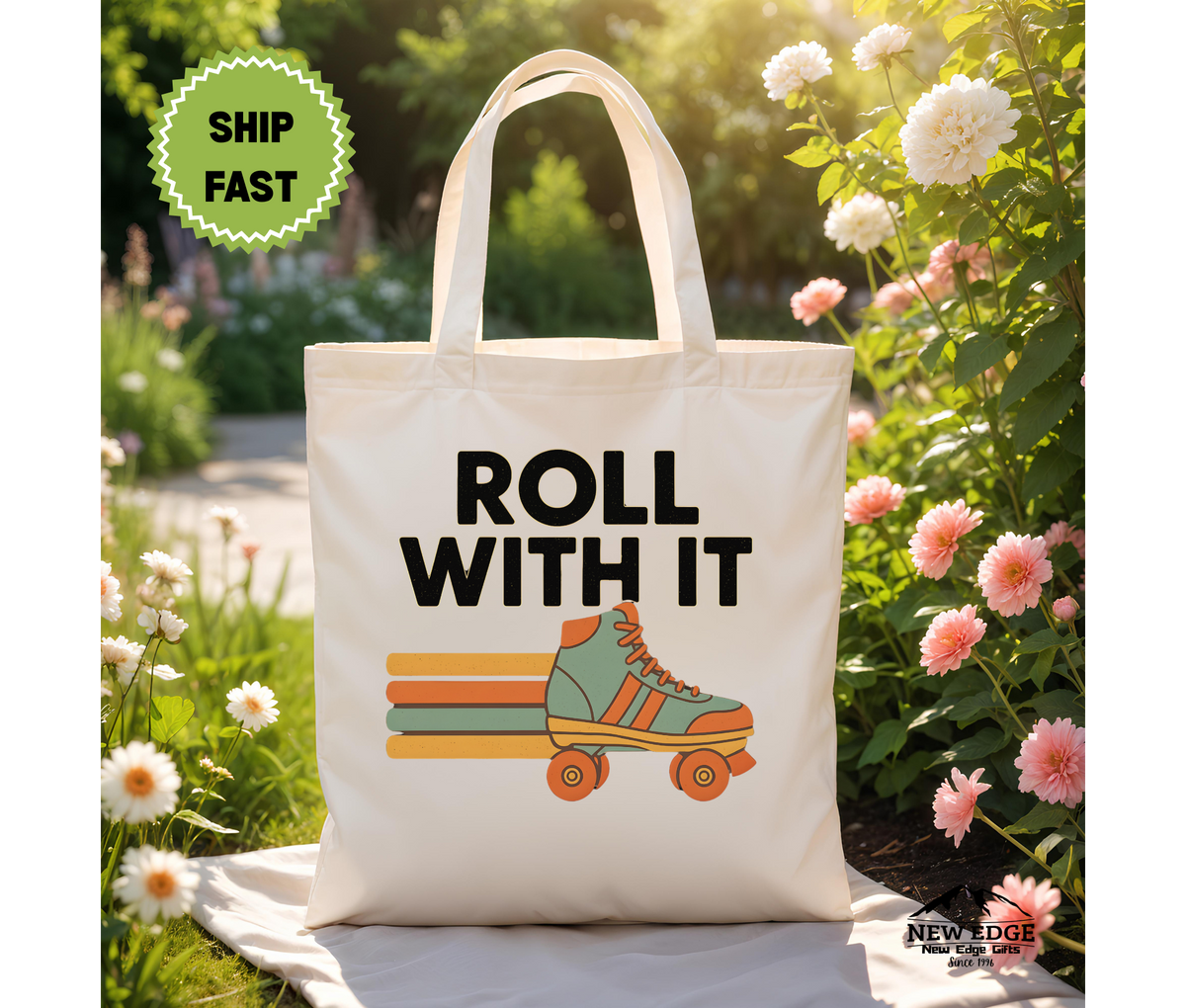 Roll With It 70’s Retro Roller Skating Tote Bag – Vintage Cotton Canvas Bag, Groovy Skater Gift, Retro Aesthetic Reusable Shopper