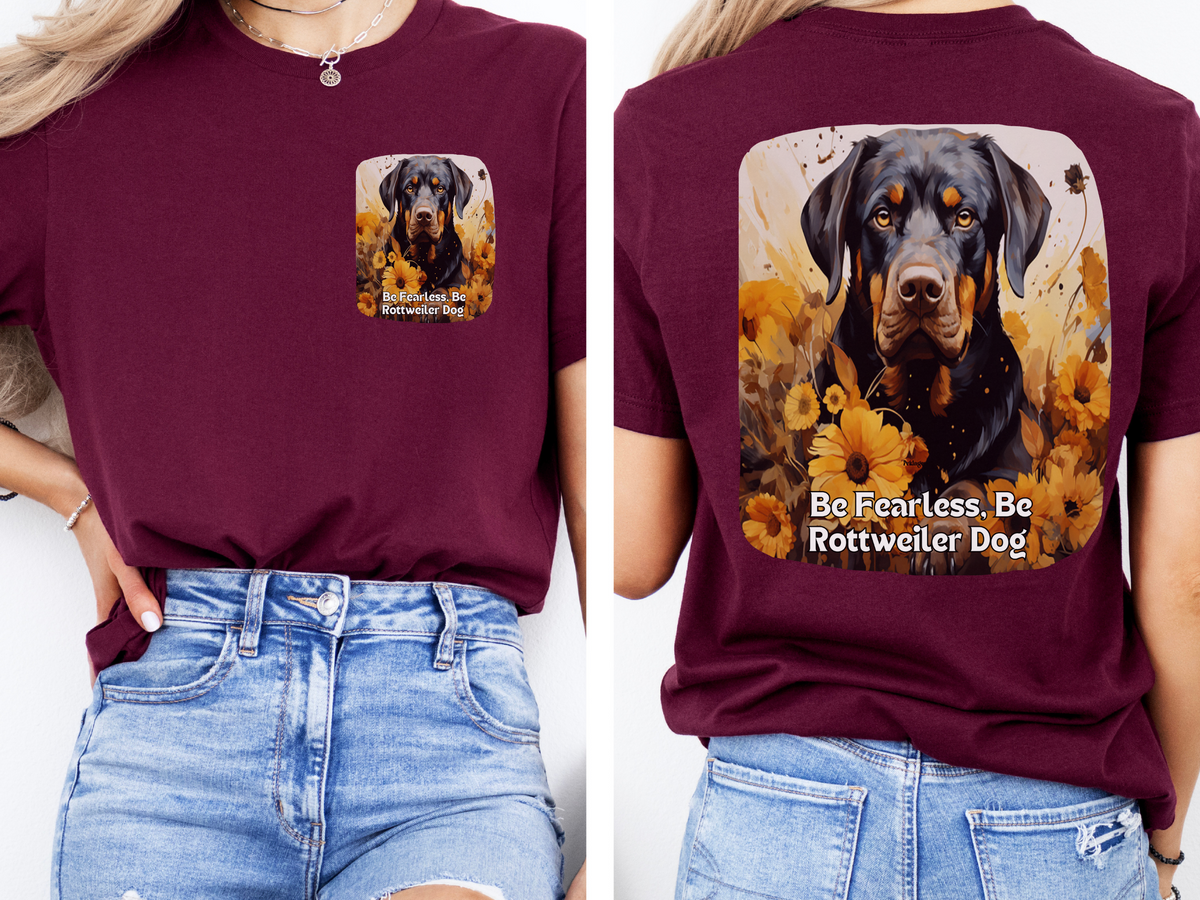 Rottweiler Sunflower T-Shirt – 'Be Fearless, Be Rottweiler' Front & Back Design – Bold Dog Lover Tee