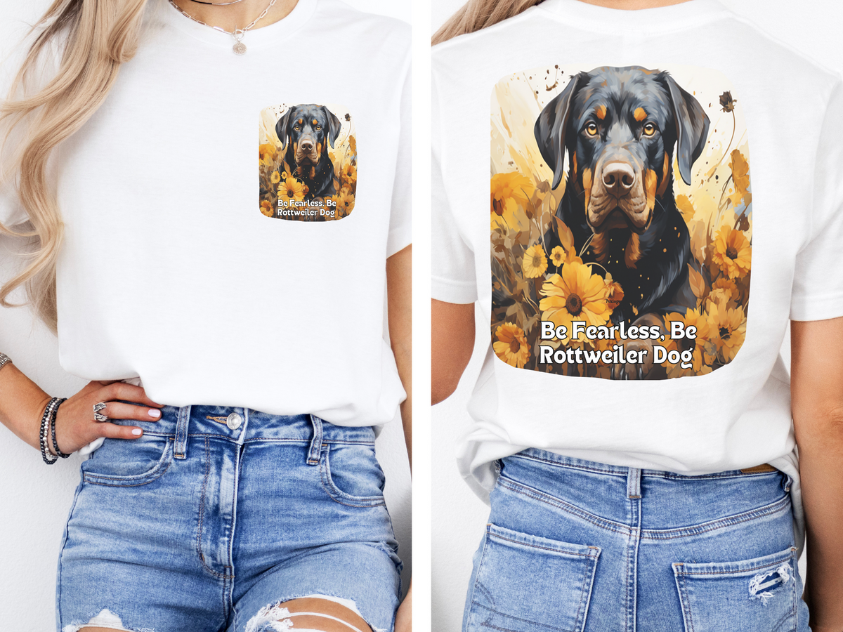 Rottweiler Sunflower T-Shirt – 'Be Fearless, Be Rottweiler' Front & Back Design – Bold Dog Lover Tee