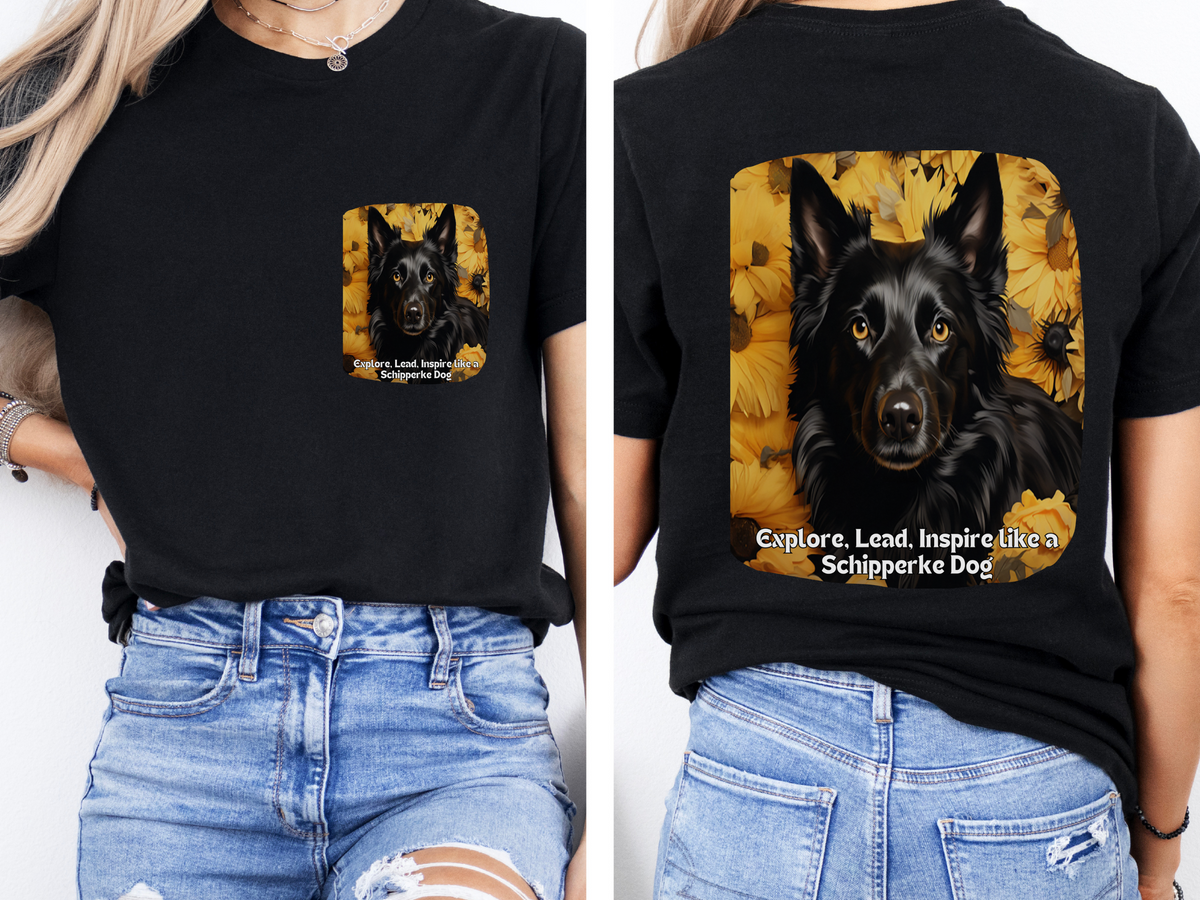 Schipperke Sunflower T-Shirt – 'Explore, Lead, Inspire like a Schipperke' – Front & Back Design – Bold Little Captain Dog Lover Tee