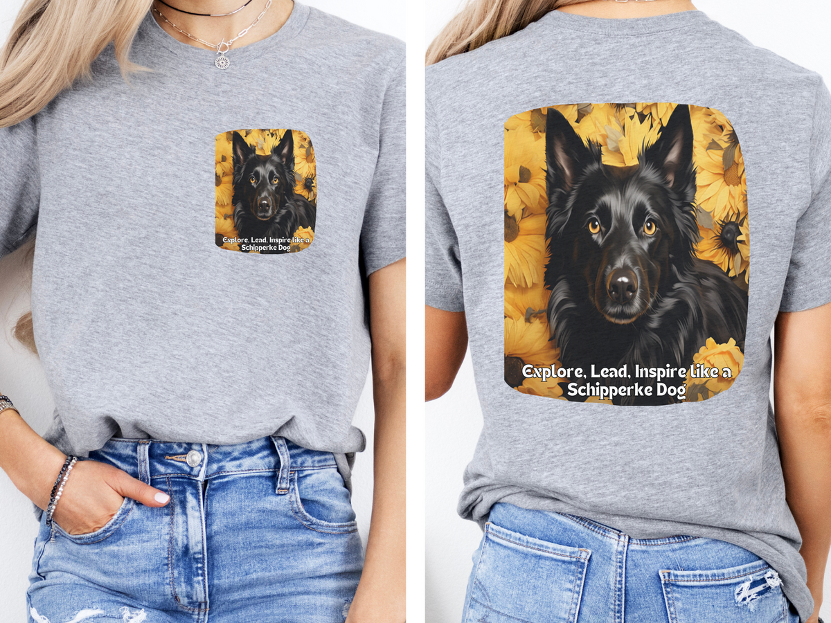 Schipperke Sunflower T-Shirt – 'Explore, Lead, Inspire like a Schipperke' – Front & Back Design – Bold Little Captain Dog Lover Tee