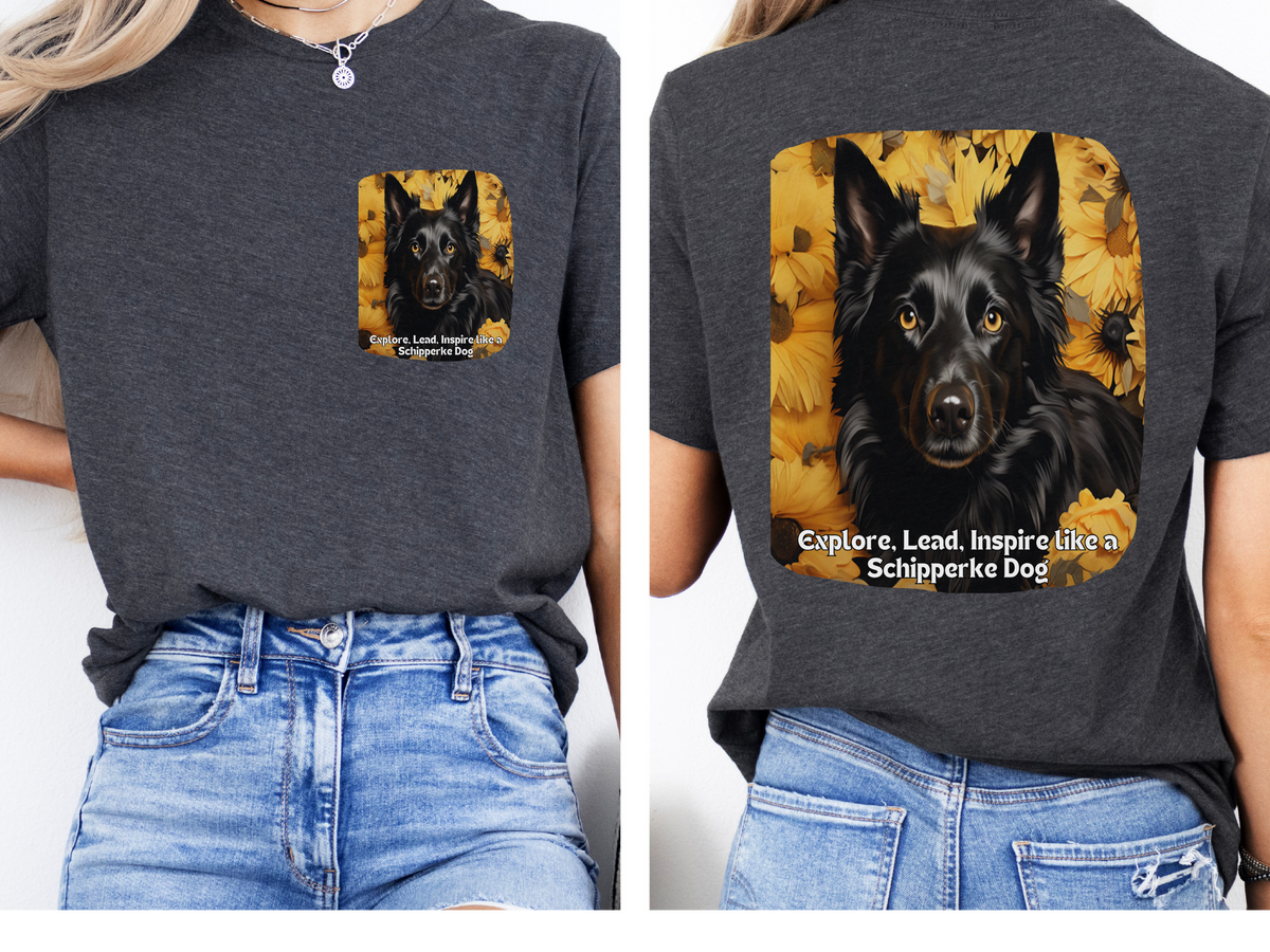 Schipperke Sunflower T-Shirt – 'Explore, Lead, Inspire like a Schipperke' – Front & Back Design – Bold Little Captain Dog Lover Tee