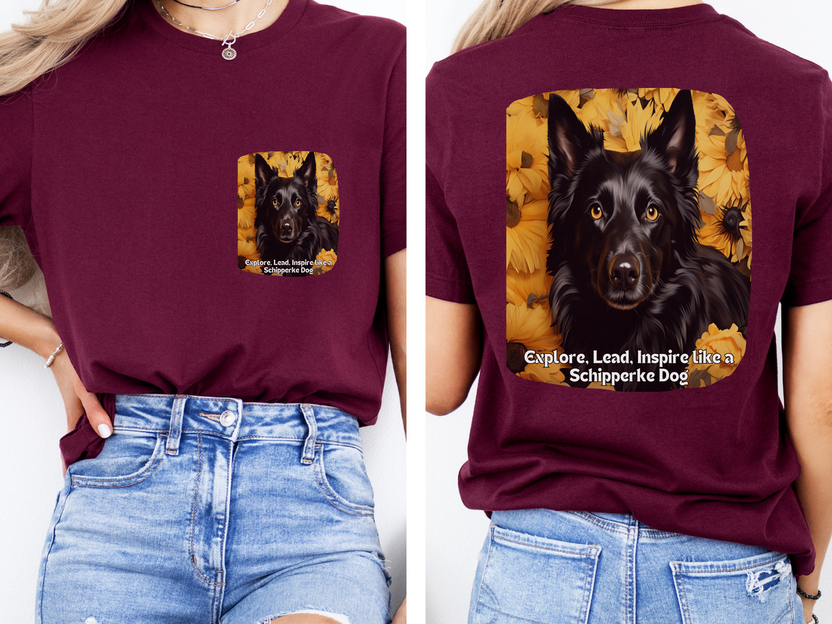 Schipperke Sunflower T-Shirt – 'Explore, Lead, Inspire like a Schipperke' – Front & Back Design – Bold Little Captain Dog Lover Tee