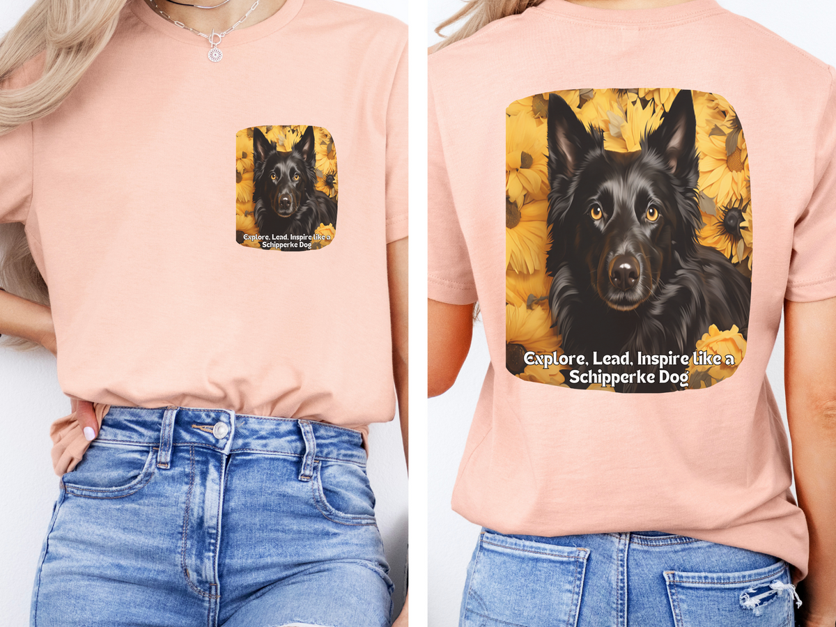 Schipperke Sunflower T-Shirt – 'Explore, Lead, Inspire like a Schipperke' – Front & Back Design – Bold Little Captain Dog Lover Tee