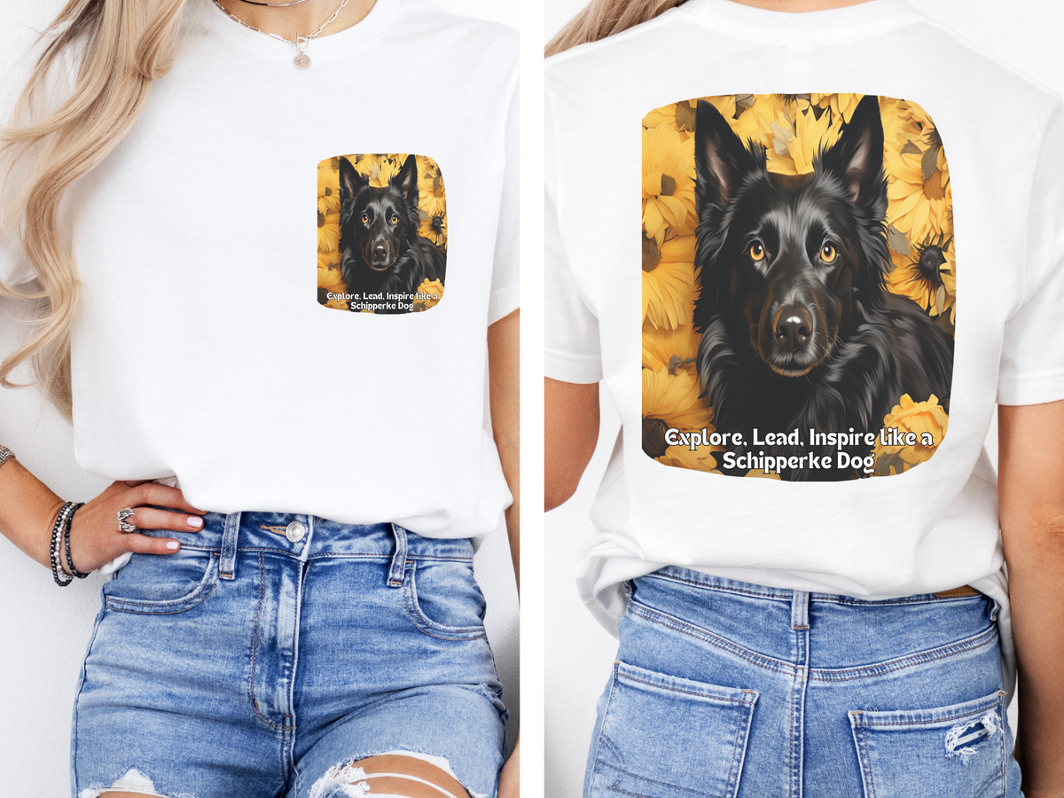 Schipperke Sunflower T-Shirt – 'Explore, Lead, Inspire like a Schipperke' – Front & Back Design – Bold Little Captain Dog Lover Tee