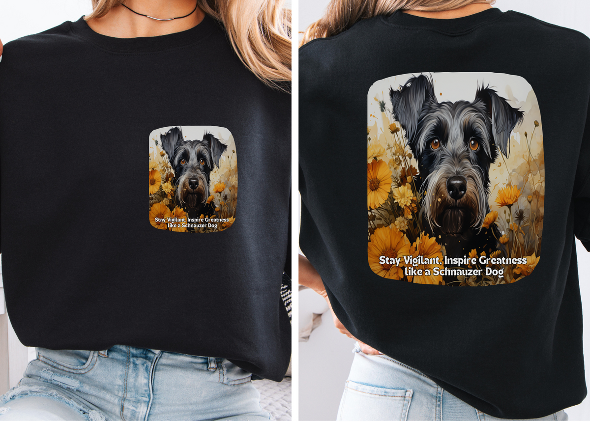 Schnauzer Vigilance Sunflower Sweatshirt – 'Stay Vigilant' Motivational Design – Unisex Dog Lover Apparel