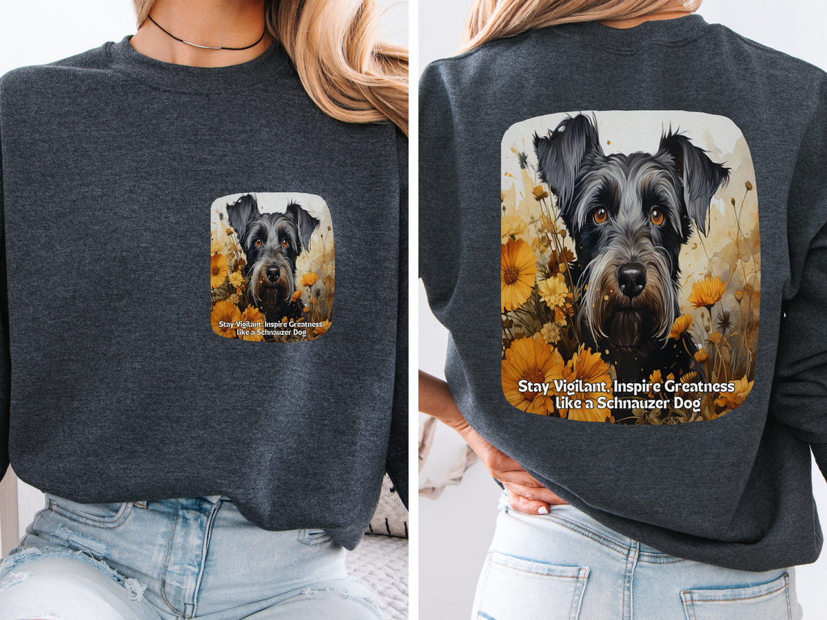Schnauzer Vigilance Sunflower Sweatshirt – 'Stay Vigilant' Motivational Design – Unisex Dog Lover Apparel