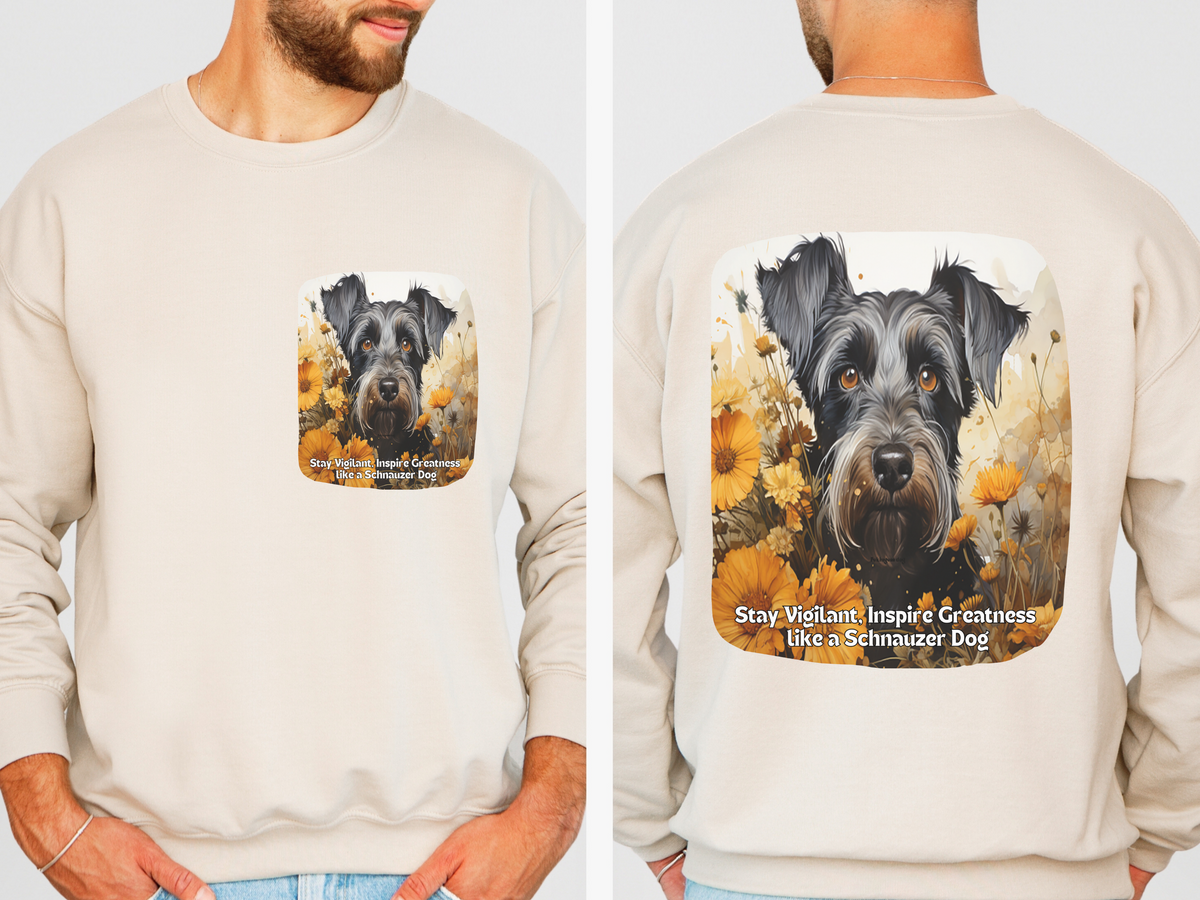 Schnauzer Vigilance Sunflower Sweatshirt – 'Stay Vigilant' Motivational Design – Unisex Dog Lover Apparel