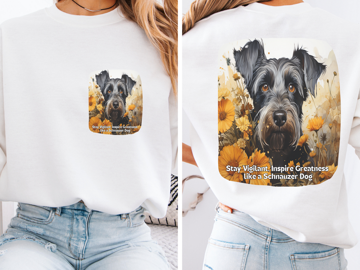 Schnauzer Vigilance Sunflower Sweatshirt – 'Stay Vigilant' Motivational Design – Unisex Dog Lover Apparel