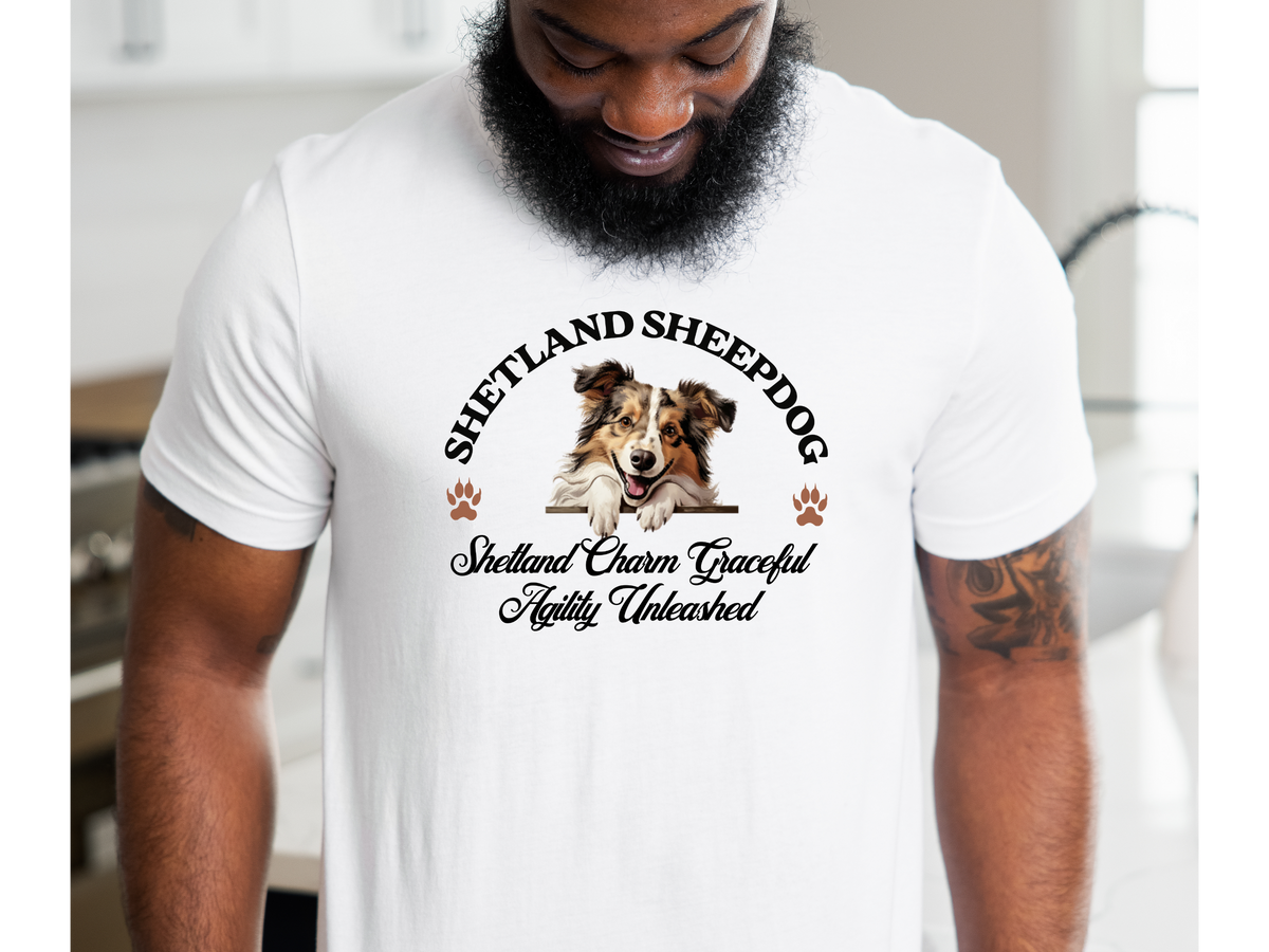Shetland Sheepdog T-Shirt – Unisex Tee with “Shetland Charm, Graceful Agility Unleashed” | Sheltie Lover Gift