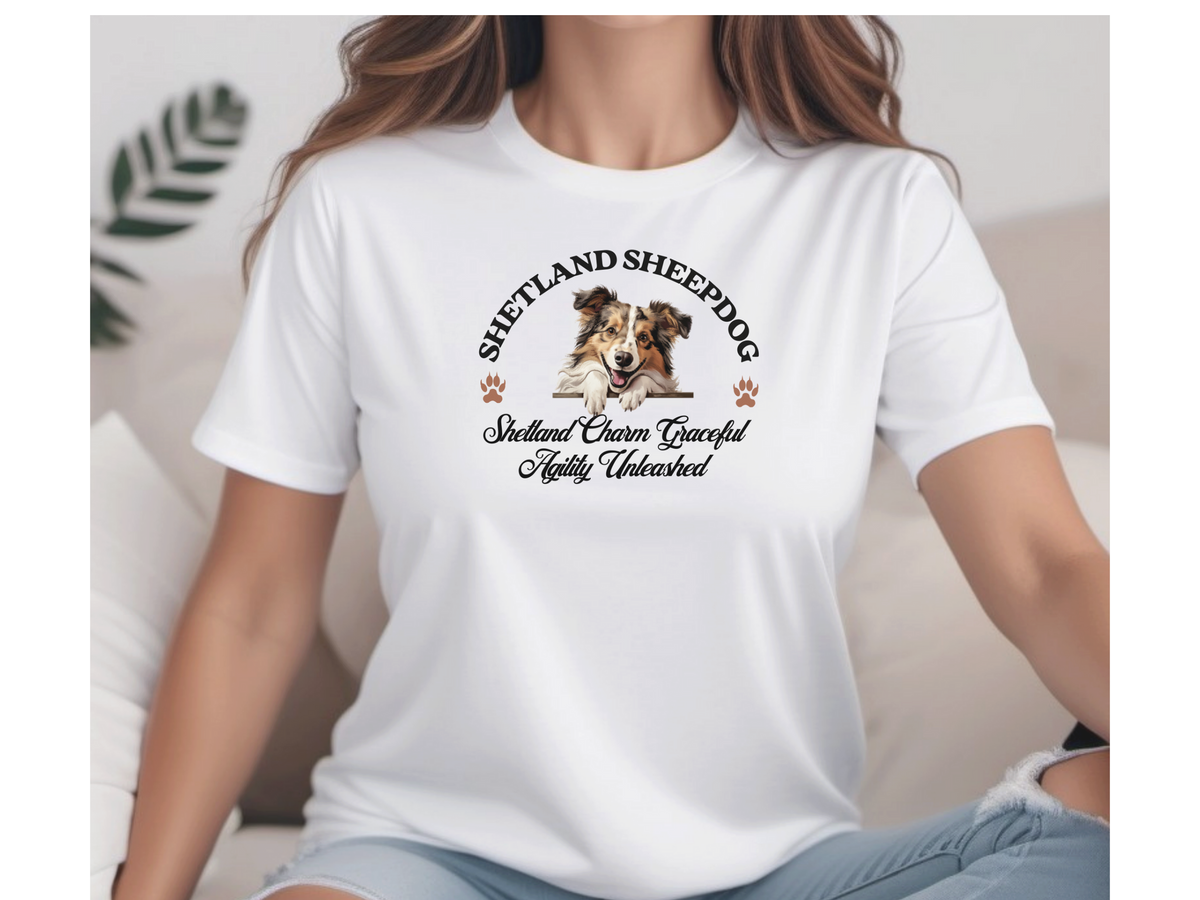 Shetland Sheepdog T-Shirt – Unisex Tee with “Shetland Charm, Graceful Agility Unleashed” | Sheltie Lover Gift